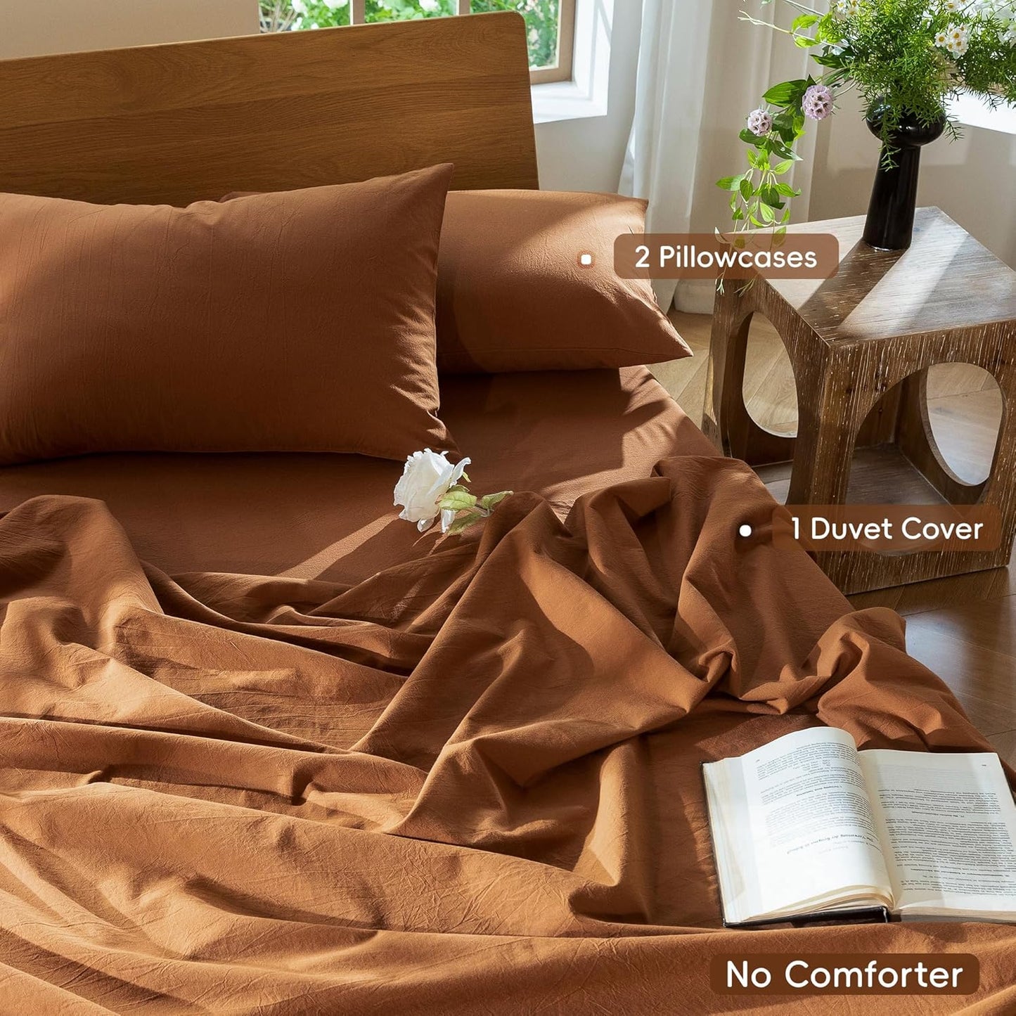 MooMee Bedding Duvet Cover Set 100% Washed Cotton Linen Like Textured Breathable Durable Soft Comfy (Solid Dark Orange, Oversized King Plus 128"x120")