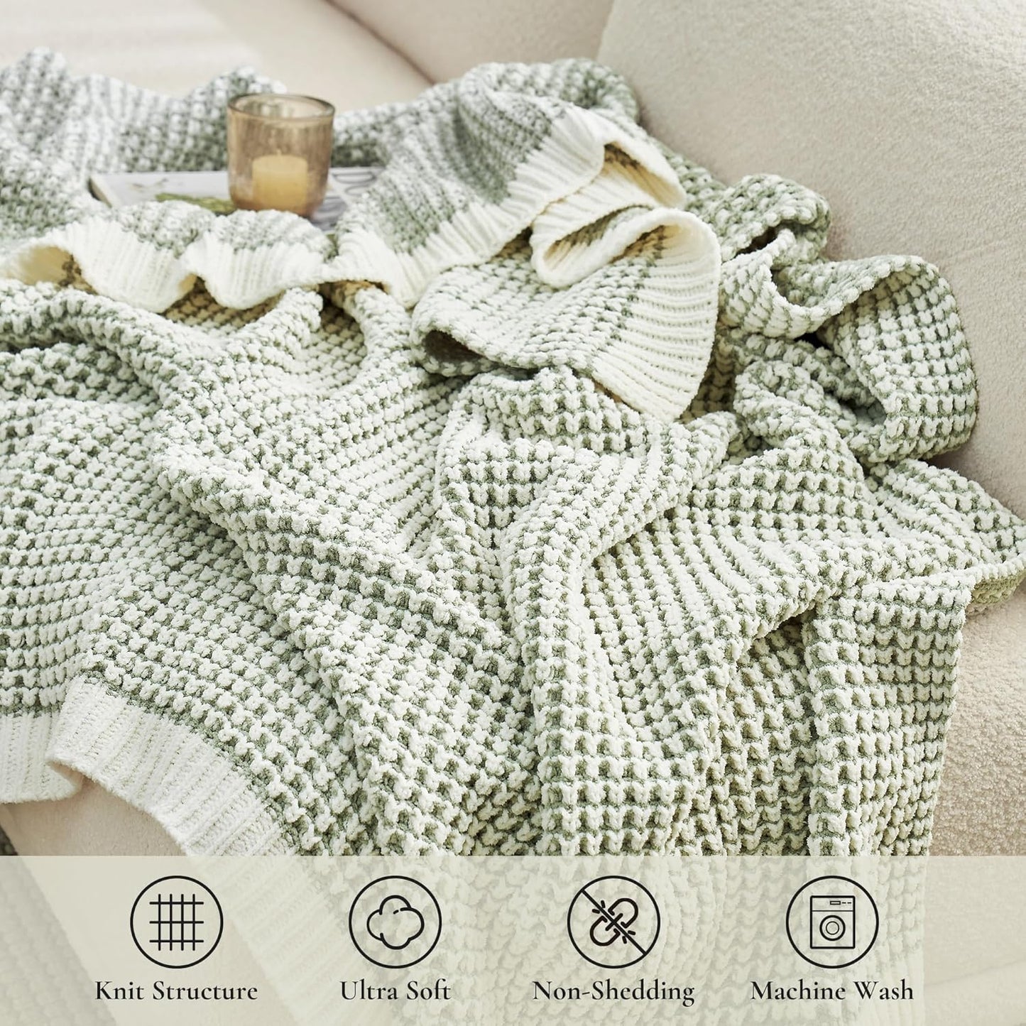 Amélie Home Waffle Chenille Throw Blanket for Couch, Pineapple Stitch Knit Soft Cozy Knit Blanket Decorative Throw for Sofa, Chair, 60 * 80", Sage Green&Ivory