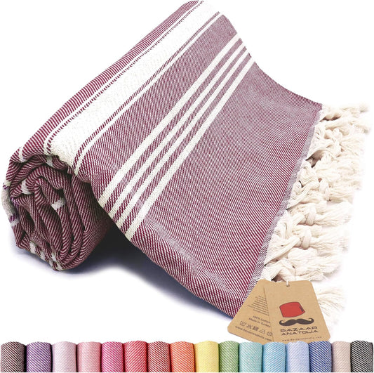 Bazaar Anatolia Turkish Beach Towel – 100% Cotton, Quick Dry, Sand Free Towel for Bathroom, Camping, Travel, Burgundy – Oversized 71x39 Inches – Stripe Maroon