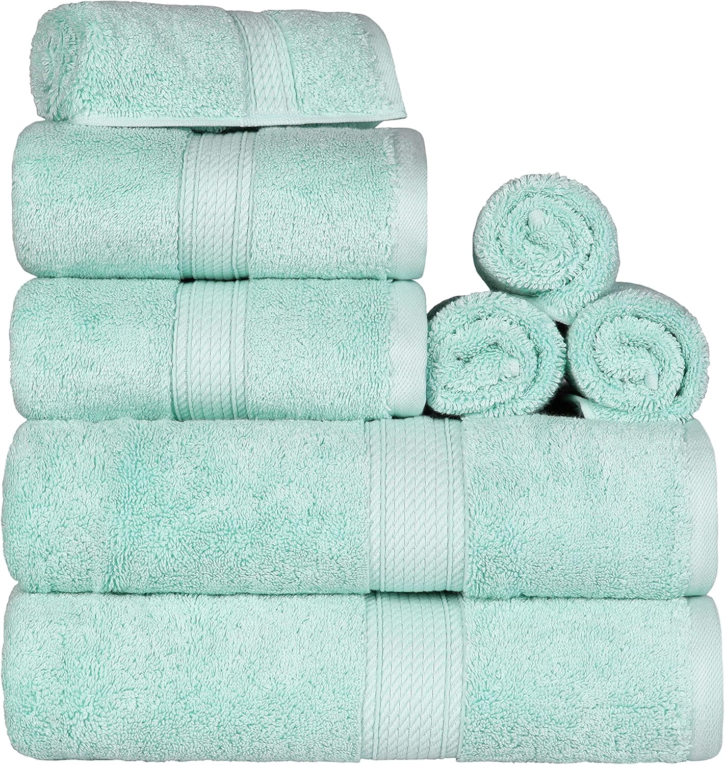 Superior Egyptian Cotton Pile 8 Piece Towel Set, Includes 2 Bath, 2 Hand, 4 Face Towels/Washcloths, Ultra Soft Luxury Towels, Thick Plush Essentials, Guest Bath, Spa, Hotel Bathroom, Sea Foam