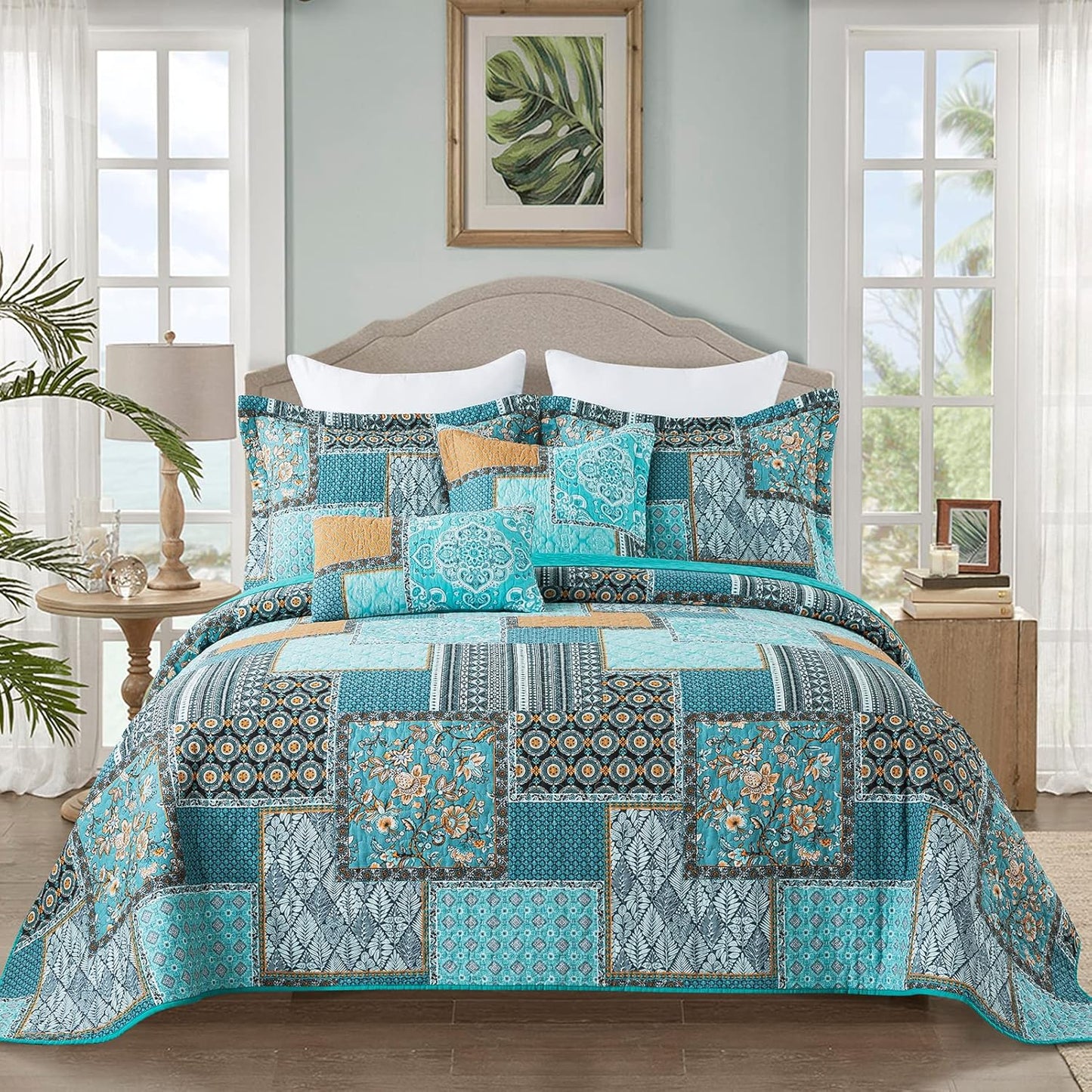 BEDIFANY Cotton California King Size Quilt for Farmhouse- Teal Oversized King Bedspread Set - Highly-Woven Soft Lightweight Coverlet for All Seasons, 3 Pieces