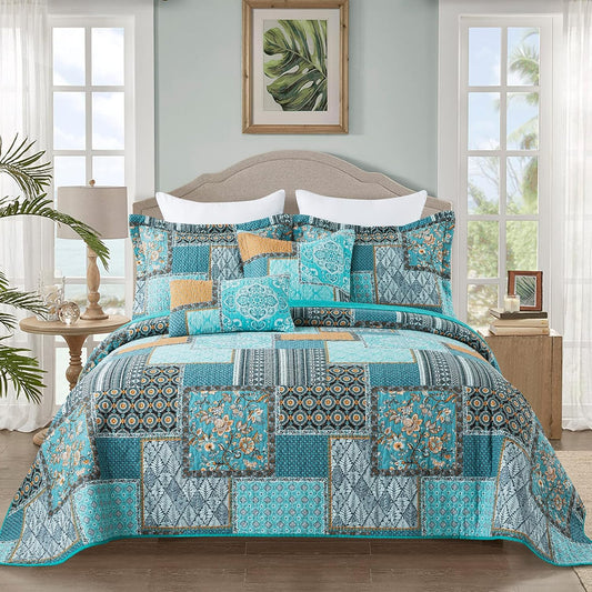 BEDIFANY Cotton California King Size Quilt for Farmhouse- Teal Oversized King Bedspread Set - Highly-Woven Soft Lightweight Coverlet for All Seasons, 3 Pieces