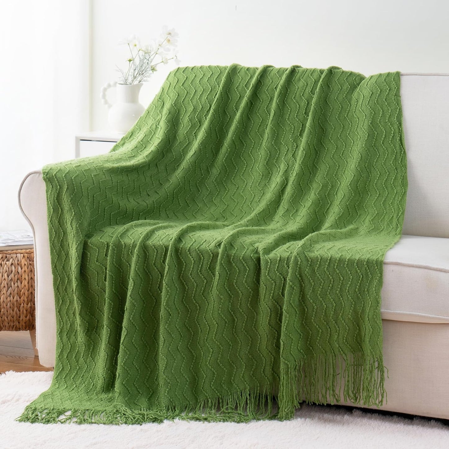 BATTILO HOME Green Throw Blanket for Couch, Textured Knit Throw, Green Blankets and Throws for Sofa Bed Living Room Decor, Outdoor Throw Blanket, 50"x60"