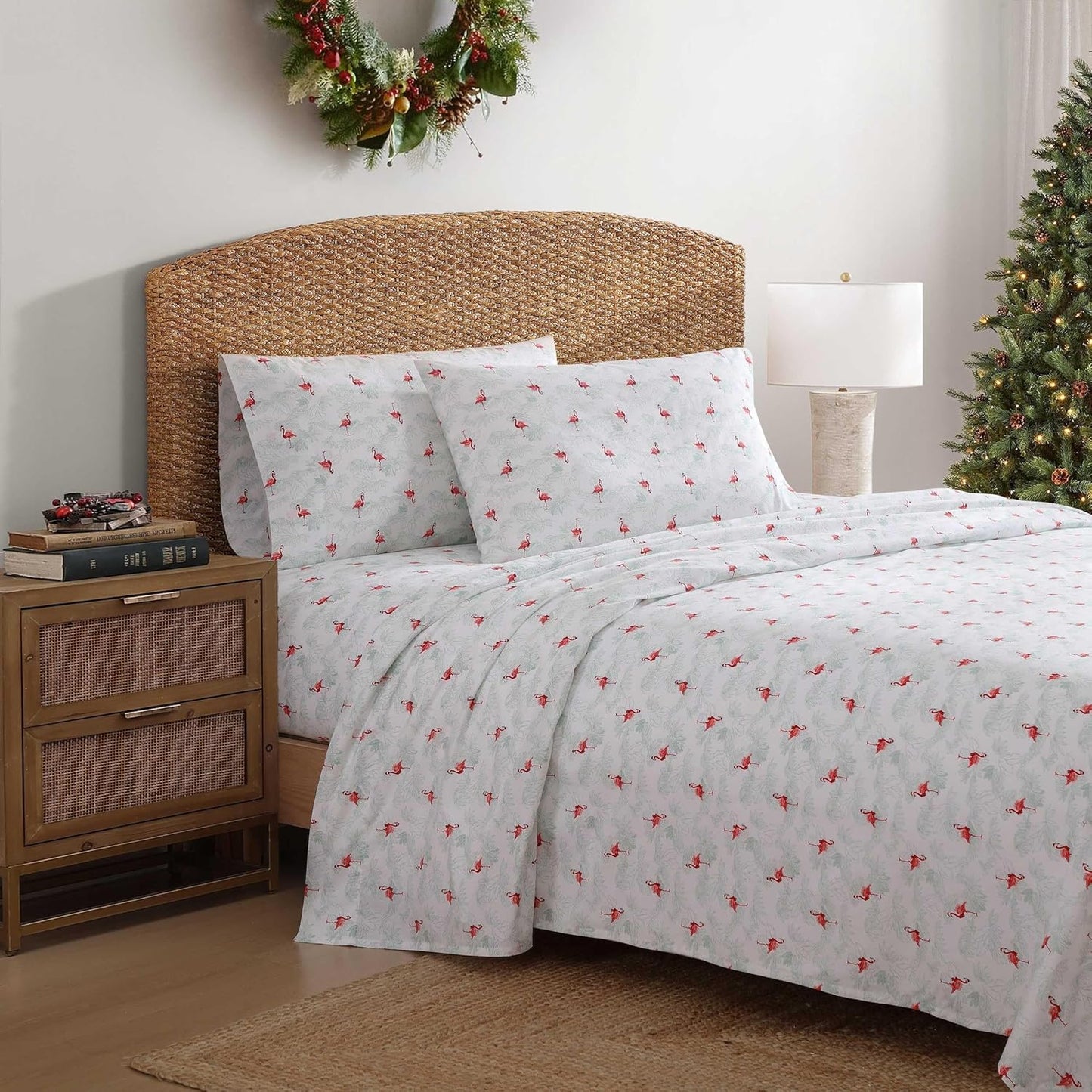 Tommy Bahama - Queen Size Sheet Set, Crisp & Cool Cotton Percale Bedding with a Smooth Lightweight Feel, 4 Piece Holiday Bed Sheets with Matching Pillowcases (Flamingo Santa Red)