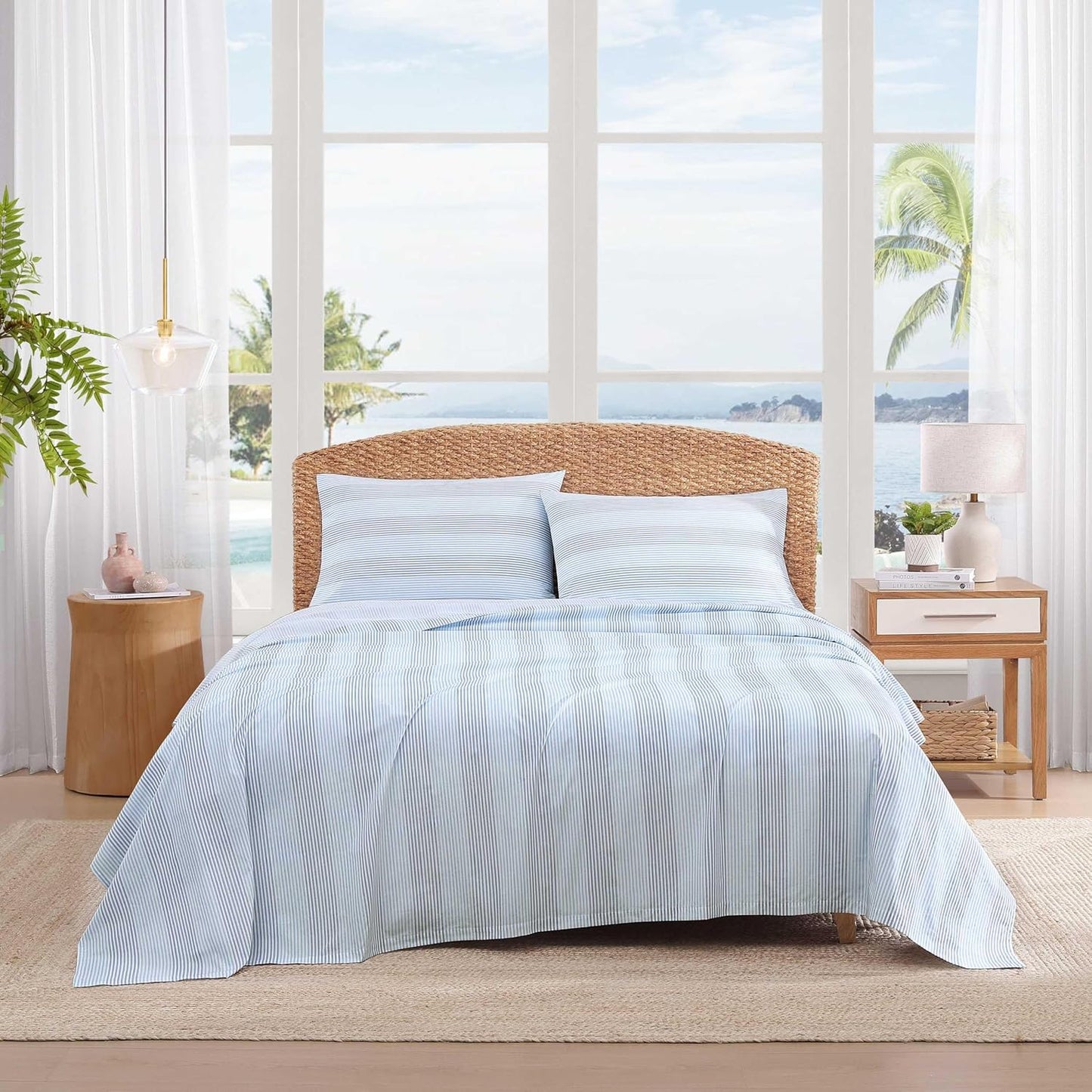 Tommy Bahama - Queen Sheets, Super Soft Cotton Percale Bedding Set with Matching Pillowcases, Crisp & Cool, Coastal Room Essentials (Weekend Stripe Blue, Queen)