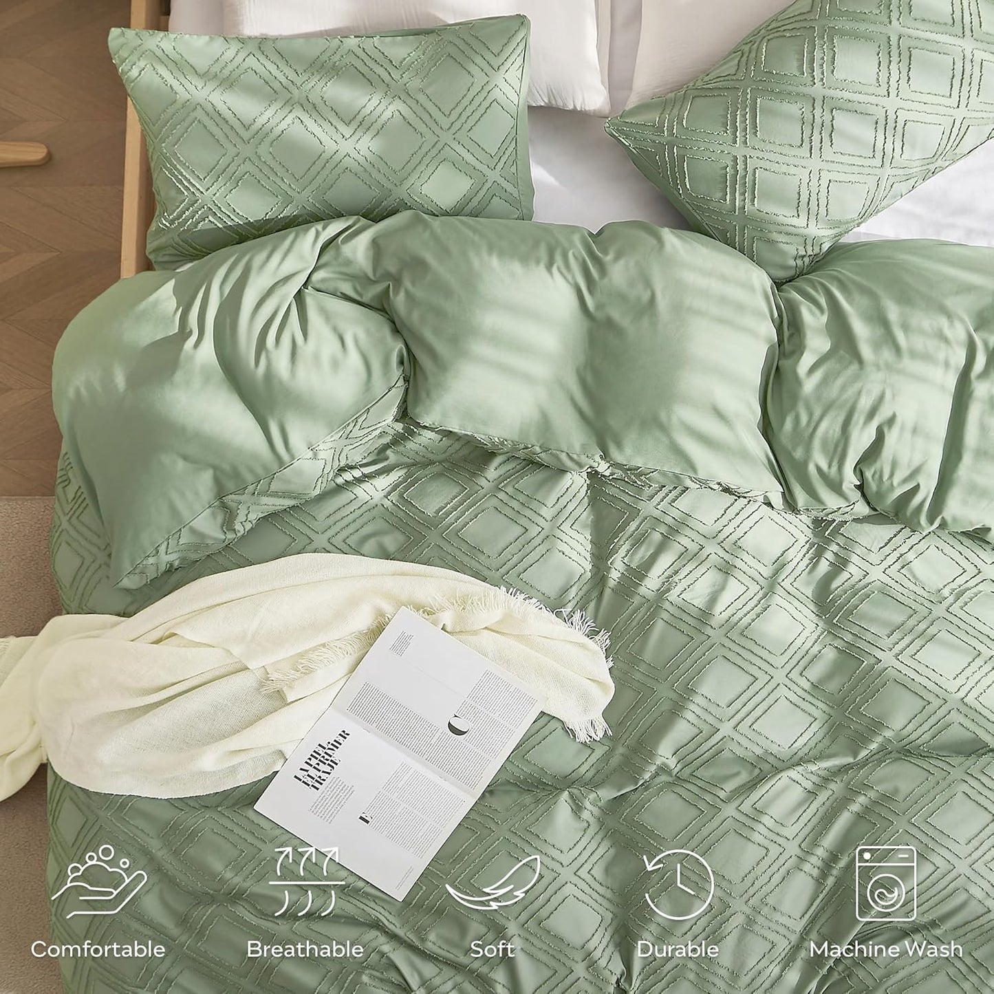 JELLYMONI Duvet Cover Queen Size Light Green - 3PCS Boho Duvet Cover Set Plaid Polyester Tufted Bohemian Jacquard Knit Textured Comforter Cover 90×90in Rhombic Geometric Pattern Zipper Corner Tie