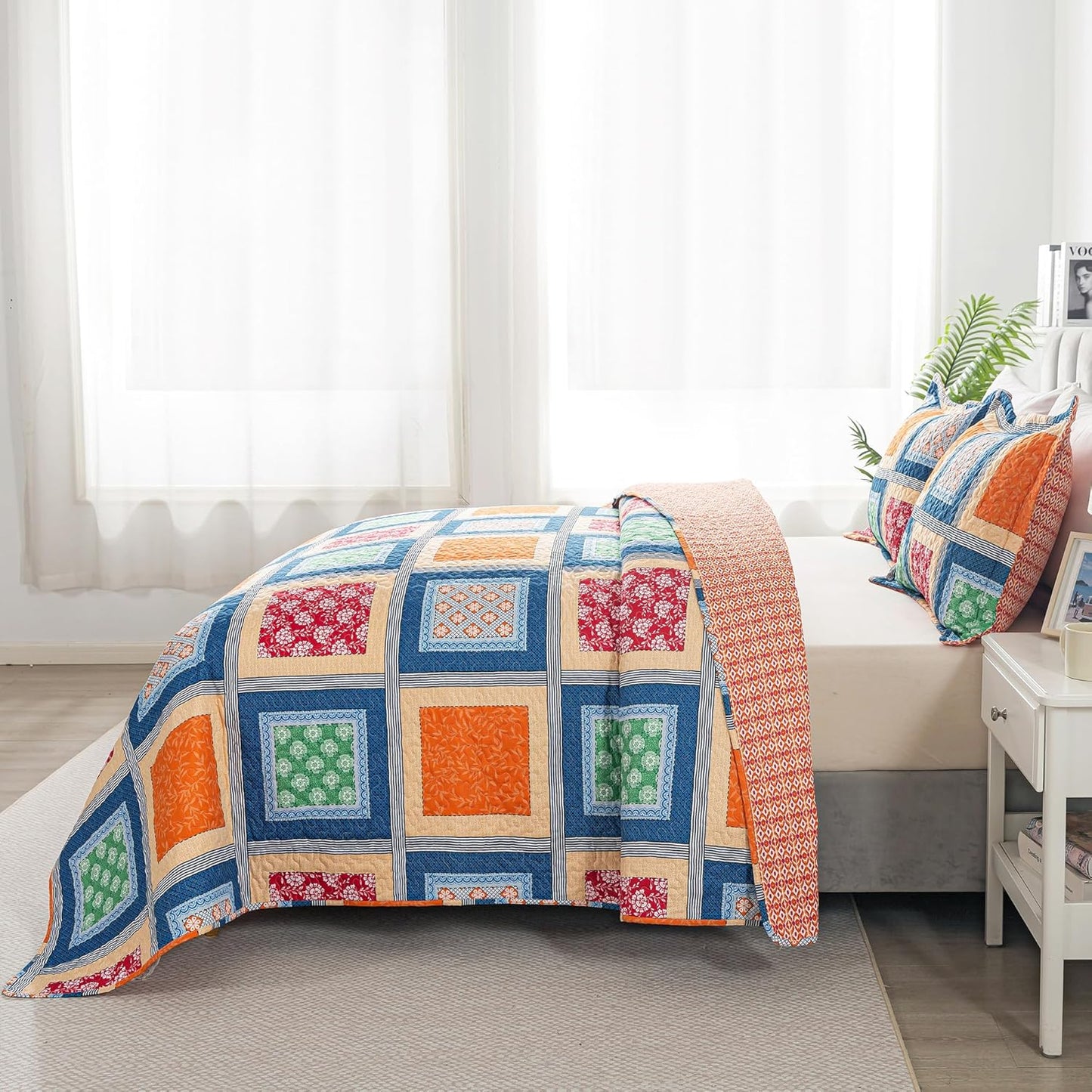 HoneiLife Quilt Set Queen Size - Retro Bedspreads 3-Pieces,Lightweight Coverlets for Queen Bed,Patchwork Bed Cover, Queen Quilt Bedding Set All Season Quilts-Orange