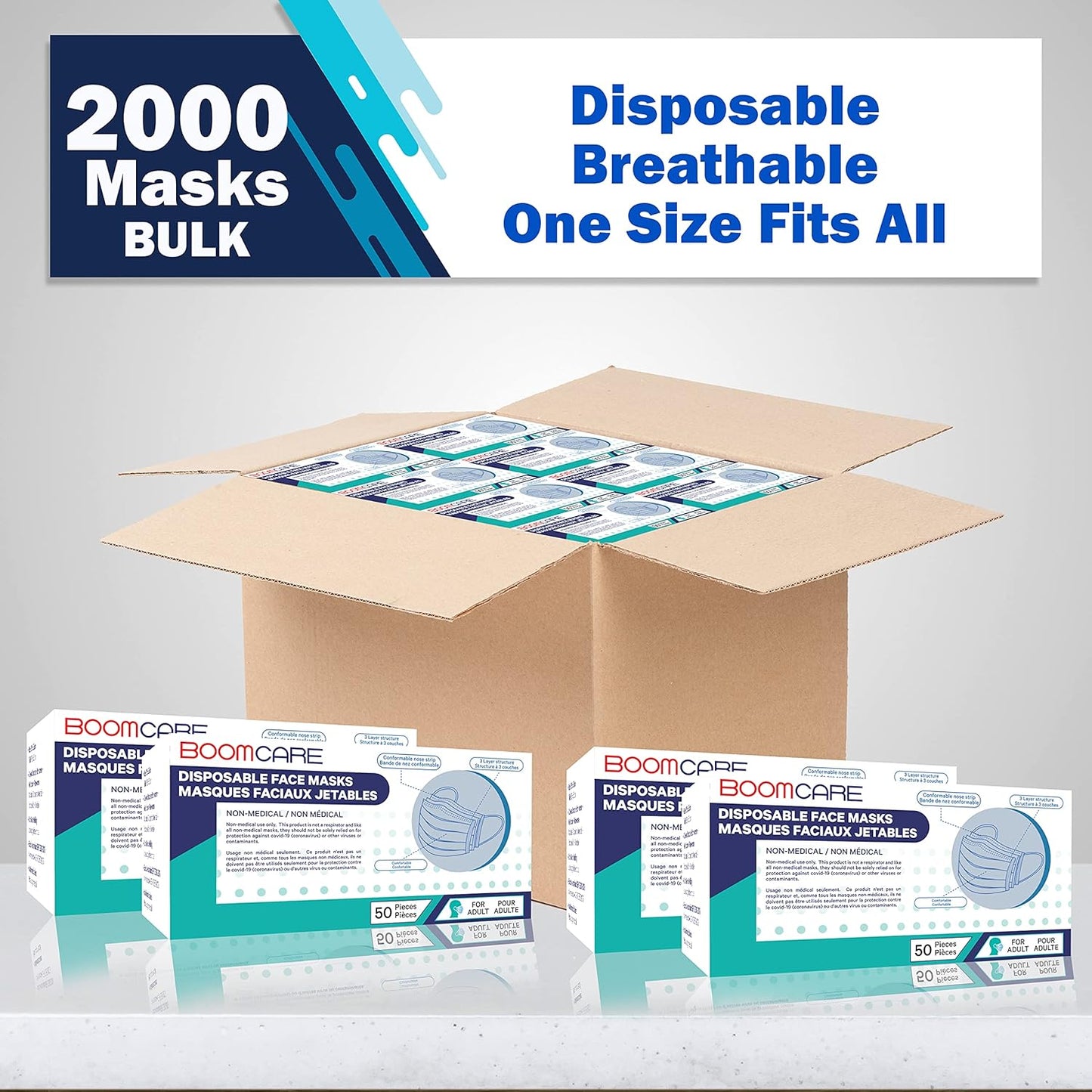 2000 Bulk Blue Disposable Face Masks Level 2 Non Woven Thick 3-Layers Breathable Facial Masks with Adjustable Earloop, Mouth and Nose