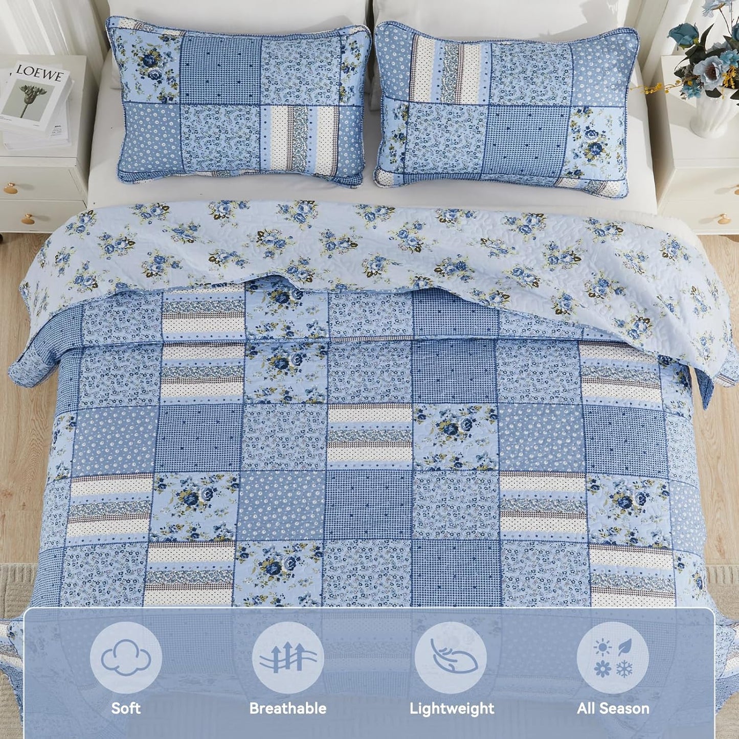 ENJOHOS 128x120 California King Quilt Sets Oversized, 3 Pcs Blue Plaid Floral Cal King Bedspread Coverlet Set for All Seasons, Patchwork Reversible Bedding Set