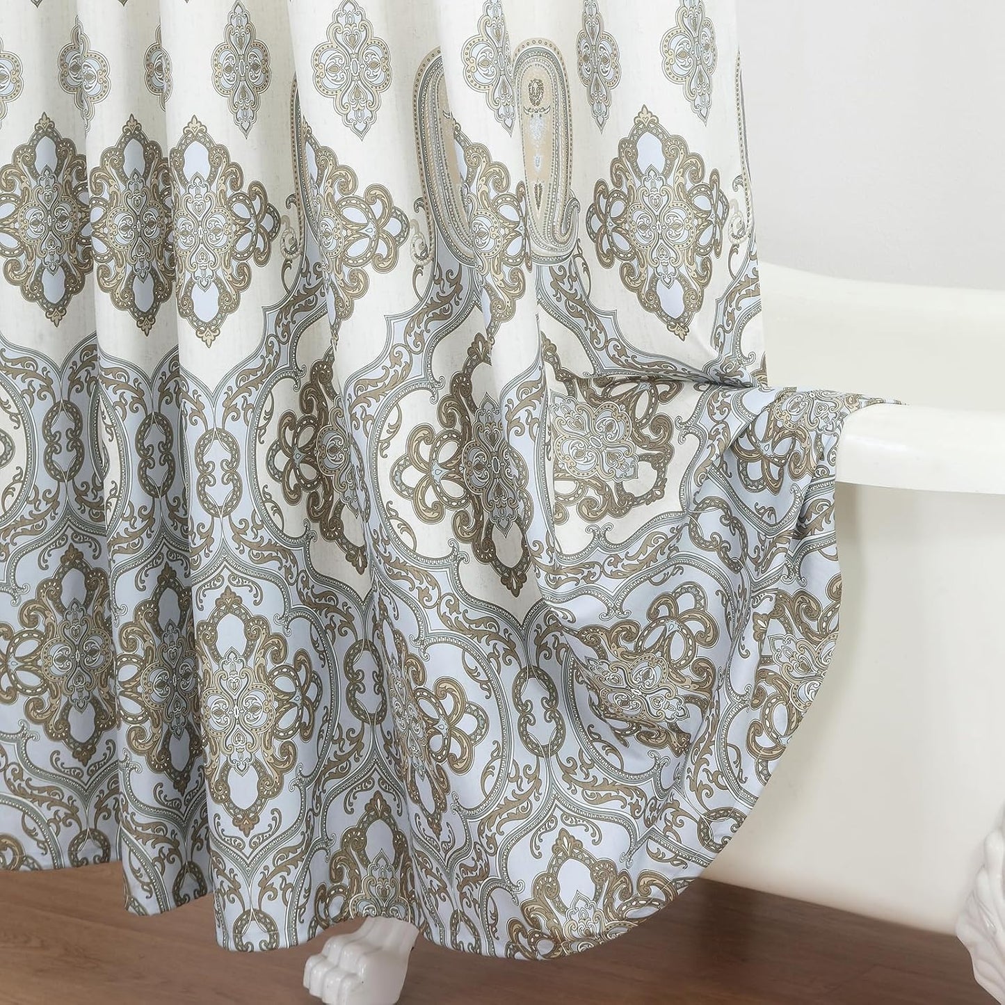 Fabric Shower Curtain, Ivory Taupe Blue Moroccan Paisley Pattern Shower Curtains for Bathroom, 72" W x 72" H