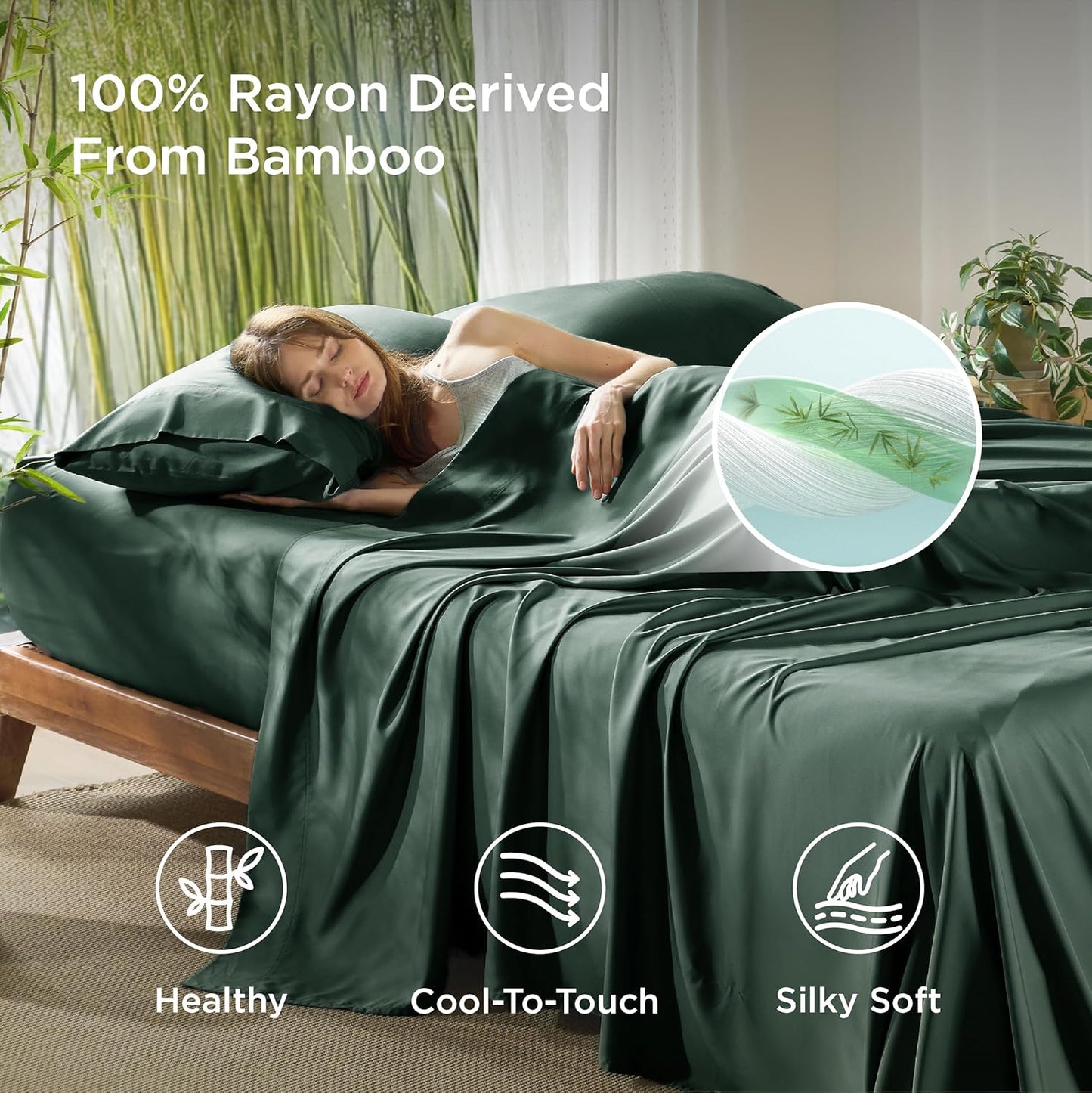 Bedsure King Size Sheets Set, Cooling Sheets for Hot Sleepers, Rayon Derived from Bamboo, Breathable & Soft, Deep Pocket Up to 16 Inches, Hotel Luxury Silky Bedding, Forest Green