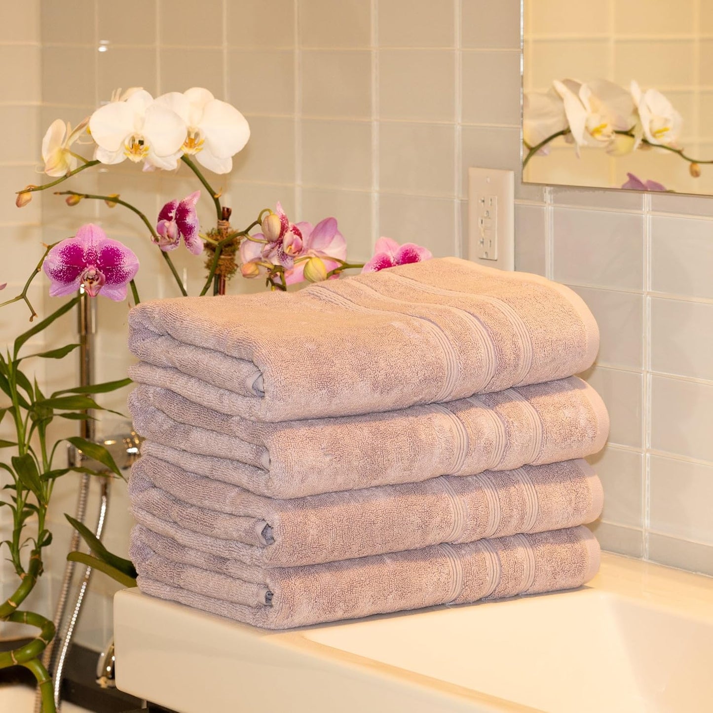Mosobam Luxury Turkish 14pc Deluxe Bath Bundle Body Hand Face Towel and Mat Lavender Aura 700 GSM & 1000 GSM Bamboo Viscose & Aegean Turkish Combed Cotton