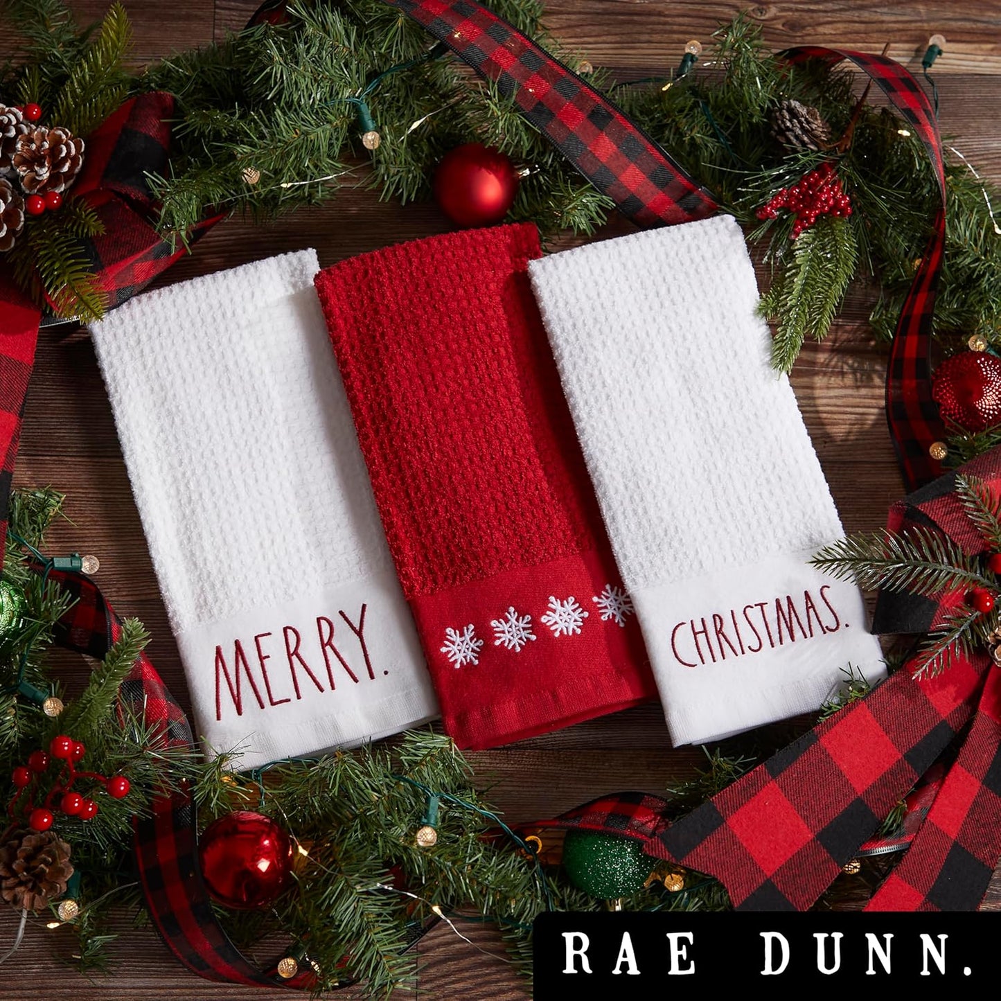 Rae Dunn Set of Hand Towels for Kitchen and Bathroom, 100% Cotton, Embroidered Dish Towels, Decorative Hand Towels, Christmas, 3 Pack