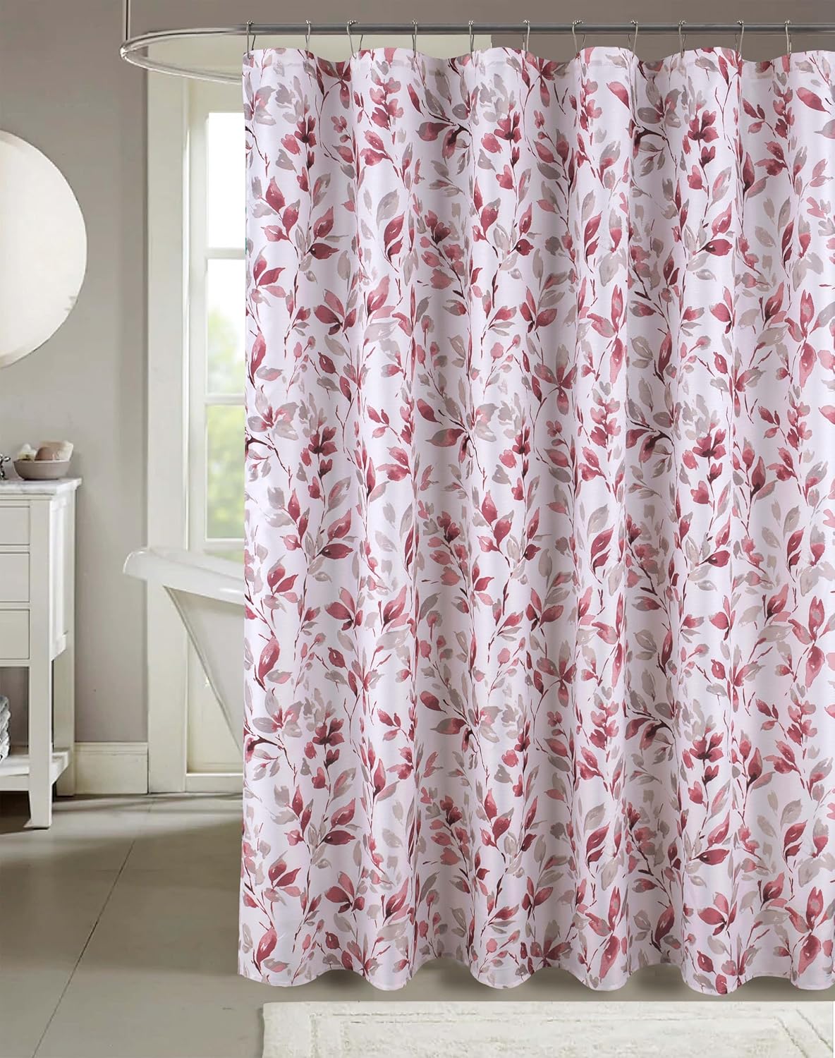 Serafina Home Hotel Quality Fabric Bathroom Shower Curtain: Floral Leaf Damask - Pink, Gray and White (72 x 70 inches)