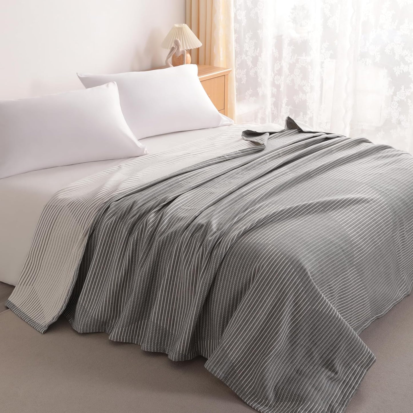 NTBAY 3 Layers Cotton Muslin 106x92 King Bed Blanket, Super Soft Breathable Thermal Yarn Dyed Quilt for Adults, Perfect Lightweight Blanket for Couch Sofa Bed All Seasons, Grey Striped