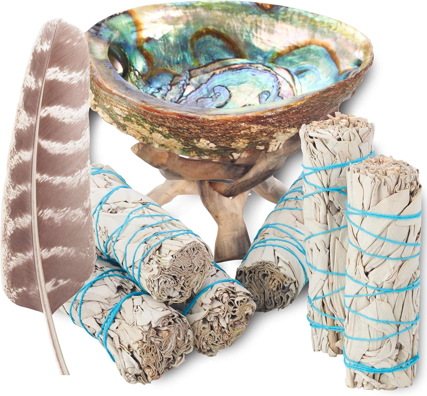6 White Sage Smudge Kit with Feather + Abalone Shell + Stand + Instructions for Use | Spiritual Use Smoke Cleanse Ceremony Sage Bundle Smudging Kit (6 Sage Smudge Kit)