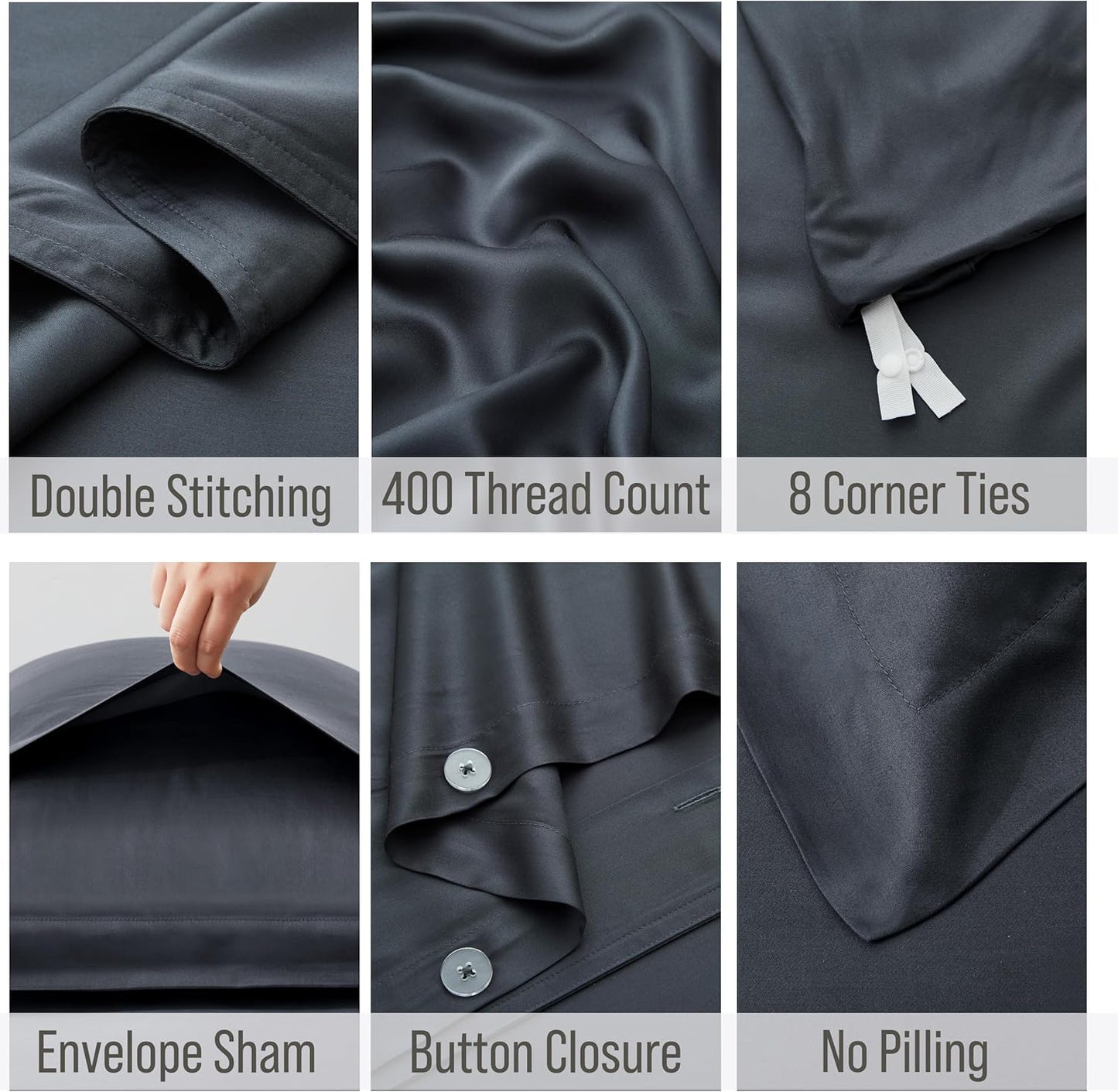 Bella Coterie Luxury Bamboo Viscose Queen Size Duvet Cover Set | 100% Organically Grown | Corner Ties | Ultra Soft | Cooling | Two Pillow Shams | 90 x 94 | No Insert [Charcoal Grey]
