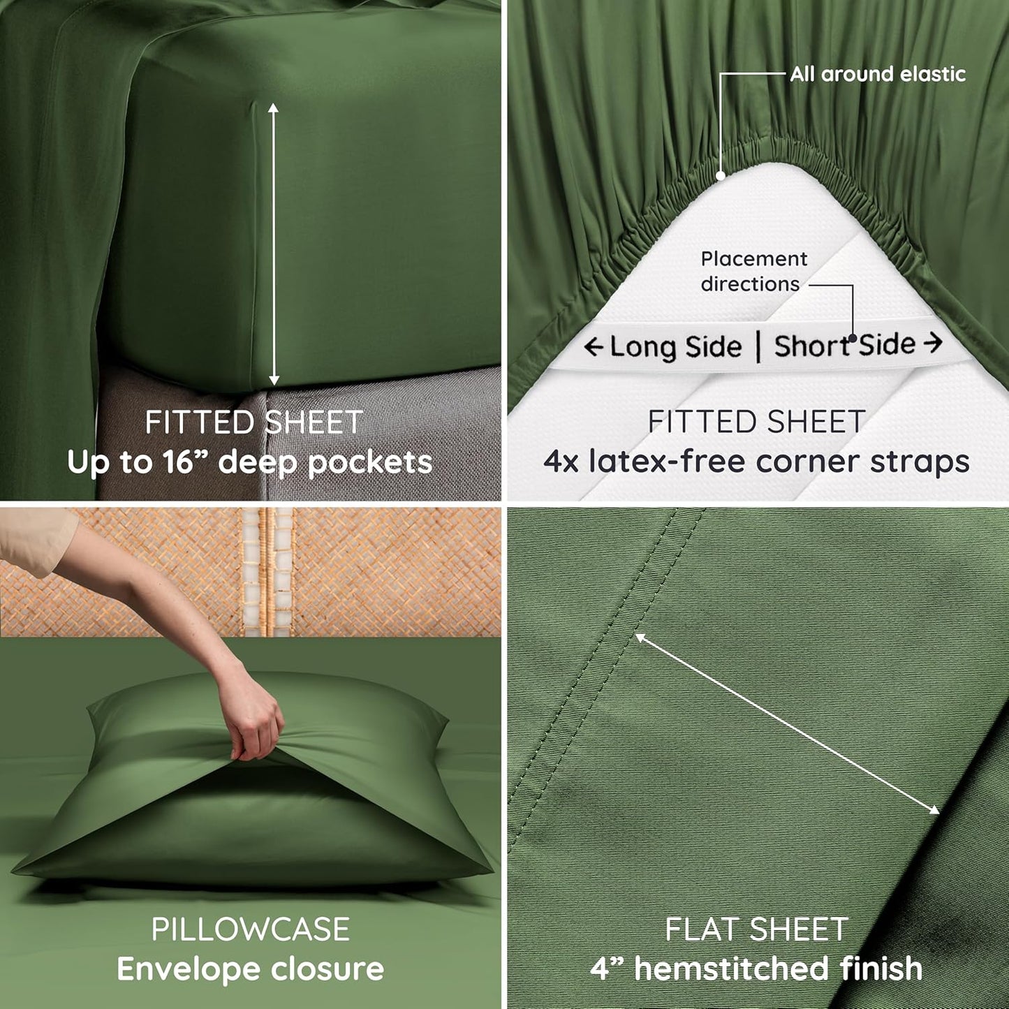 Bambaw 100% Viscose Derived from Bamboo Sheets Queen Size Set – 4pcs Cooling Sheet Set, Super Soft Sheets Queen Size, Luxury Bedding, Deep Pocket Fits Up to 16'' Mattresses (Olive)