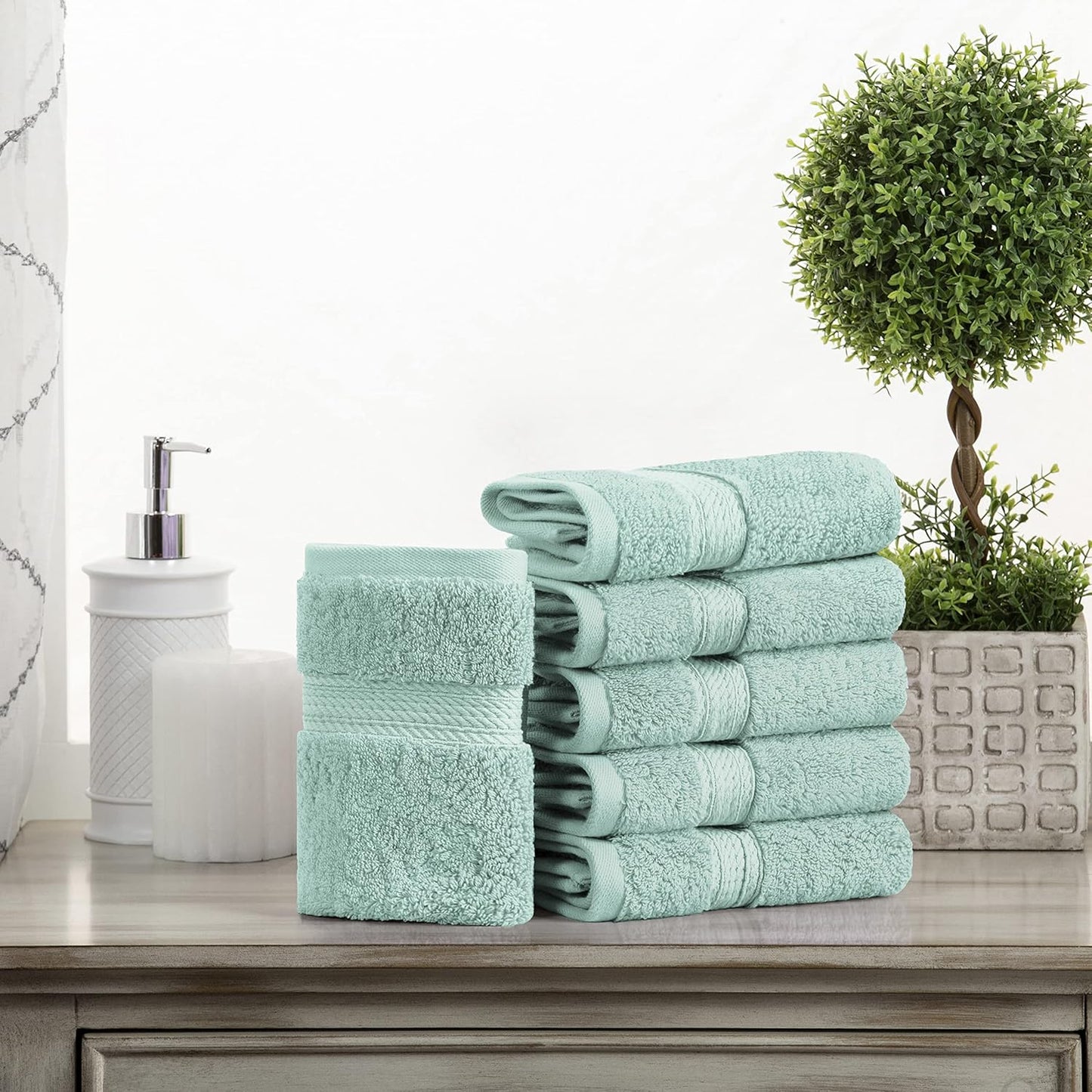 Superior Egyptian Cotton Pile Face Towel/Washcloth Set of 6, Ultra Soft Luxury Towels, Thick Plush Essentials, Absorbent Heavyweight, Guest Bath, Hotel, Spa, Home Bathroom, Shower Basics, Sea Foam