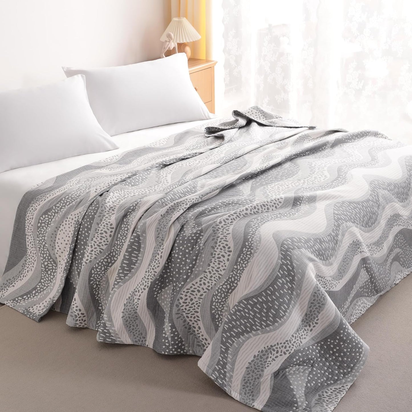 NTBAY 3 Layers Cotton Muslin 68x92 Twin Bed Blanket, Super Soft Breathable Thermal Yarn Dyed Quilt for Adults, Perfect Lightweight Blanket for Couch Sofa Bed All Seasons, Grey Wheat Waves