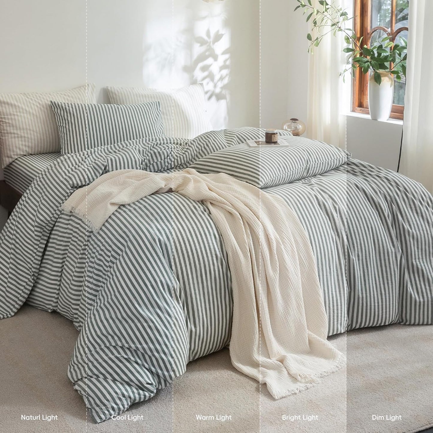 FOSSA Striped Duvet Cover Set 100% Washed Cotton Linen Feel Super Soft Breathable Cozy 3 Pieces Bedding Sets Heathered Green Classic Stripes Queen