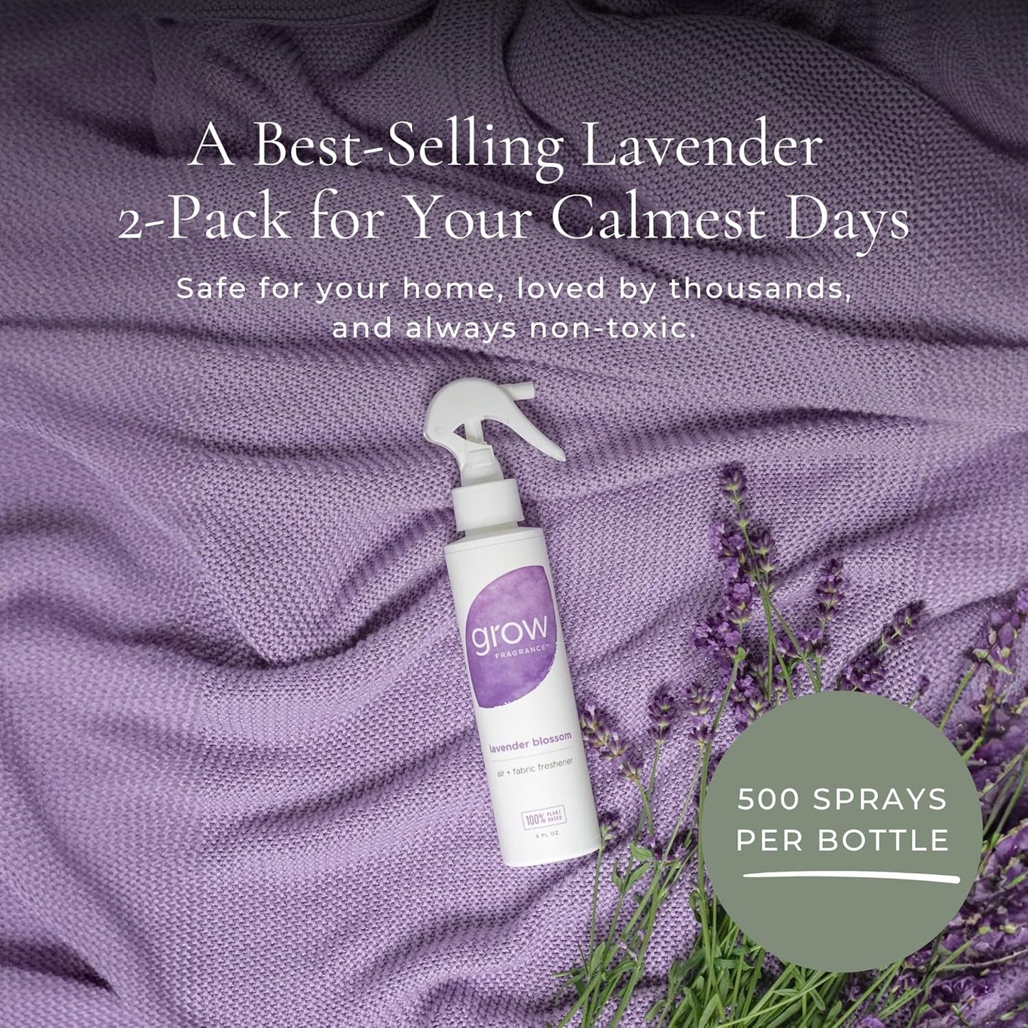 Grow Fragrance Scented Fabric and Room Air Freshener Spray - Certified Non-Toxic, 100% Plant-Based Essential Oils - 5 oz (Lavender Blossom 2-Pack)