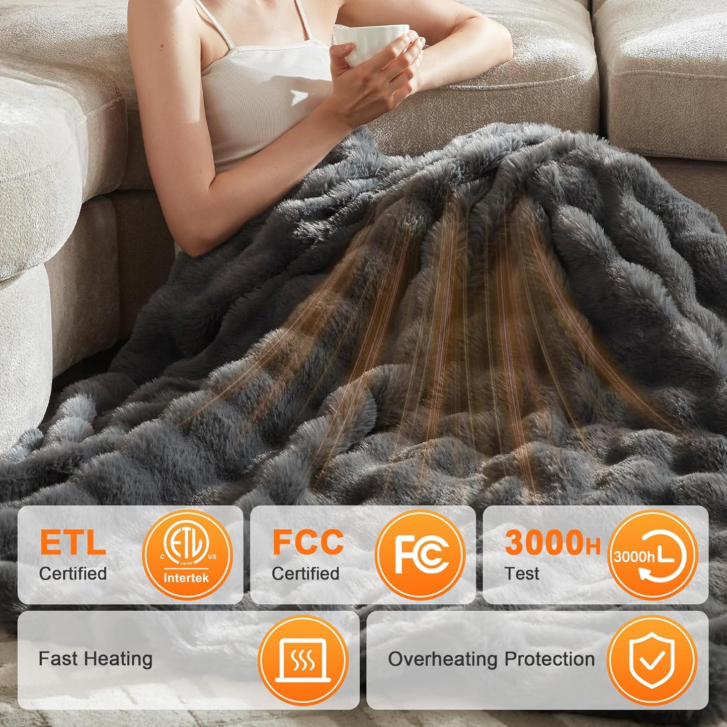 Heated Throw Blanket - Plush Thick Bubble Faux Fur Heated Blanket, Fast Heating Electric Blanket 6 Heating Levels & 4 Hours Auto-Off, Machine Washable, 50"x60", Dark Grey