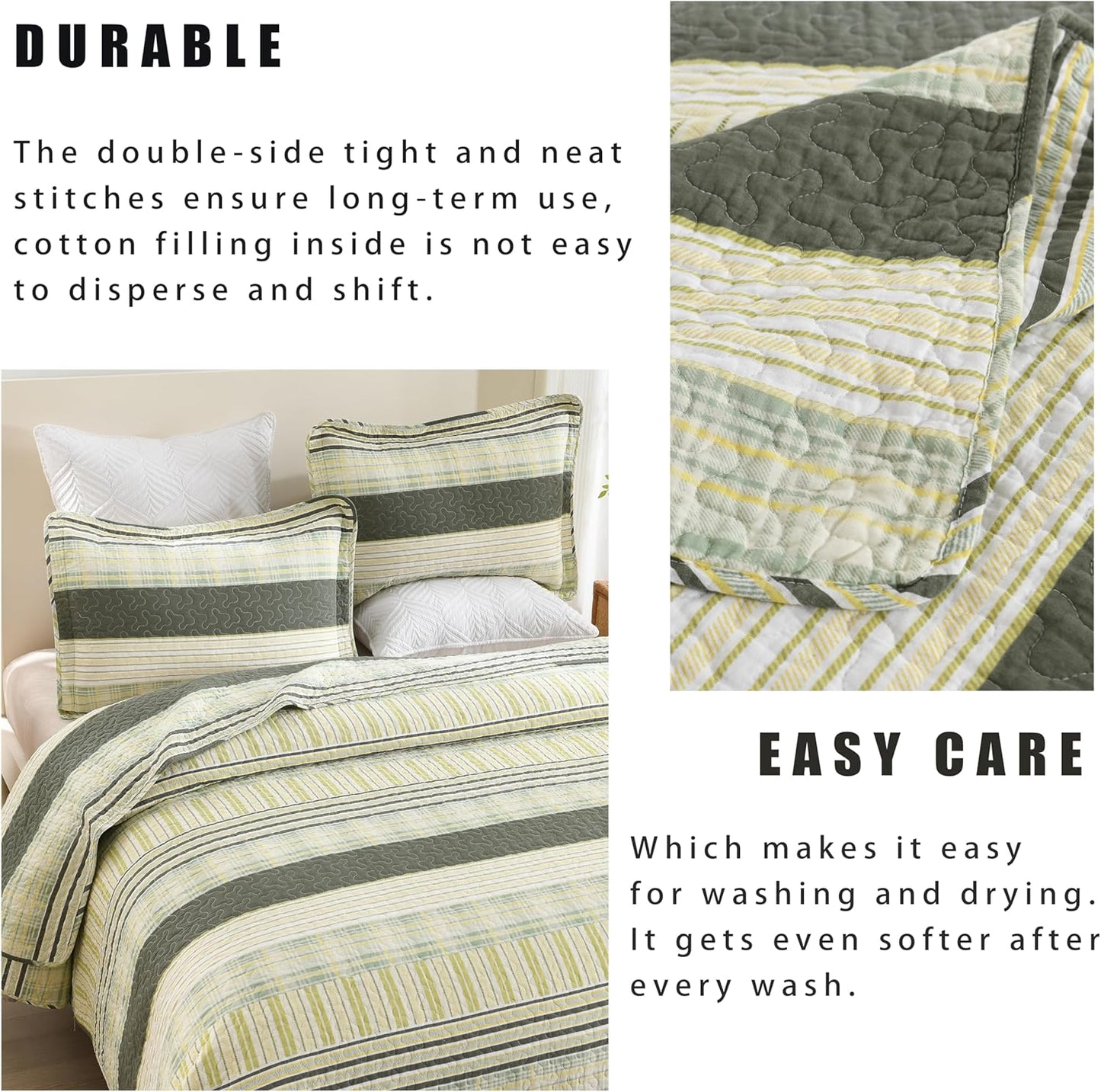 Homzard King Quilt - Cotton Comforter Set King Size, Green Yellow Striped Quilt Set,Olive Green Plaid Bedding Bedspread, Lightweight Farmhouse Comforter 3 Pieces All Season