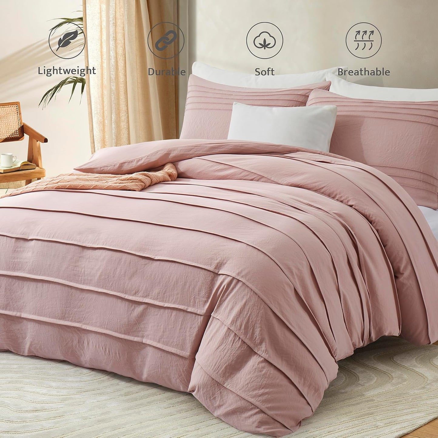 Oli Anderson Misty Rose Duvet Cover King Size - Pleated King Duvet Cover, 3PCS Soft and Breathable Textured Bedding Set with Zipper Closure(Misty Rose,104"x90")