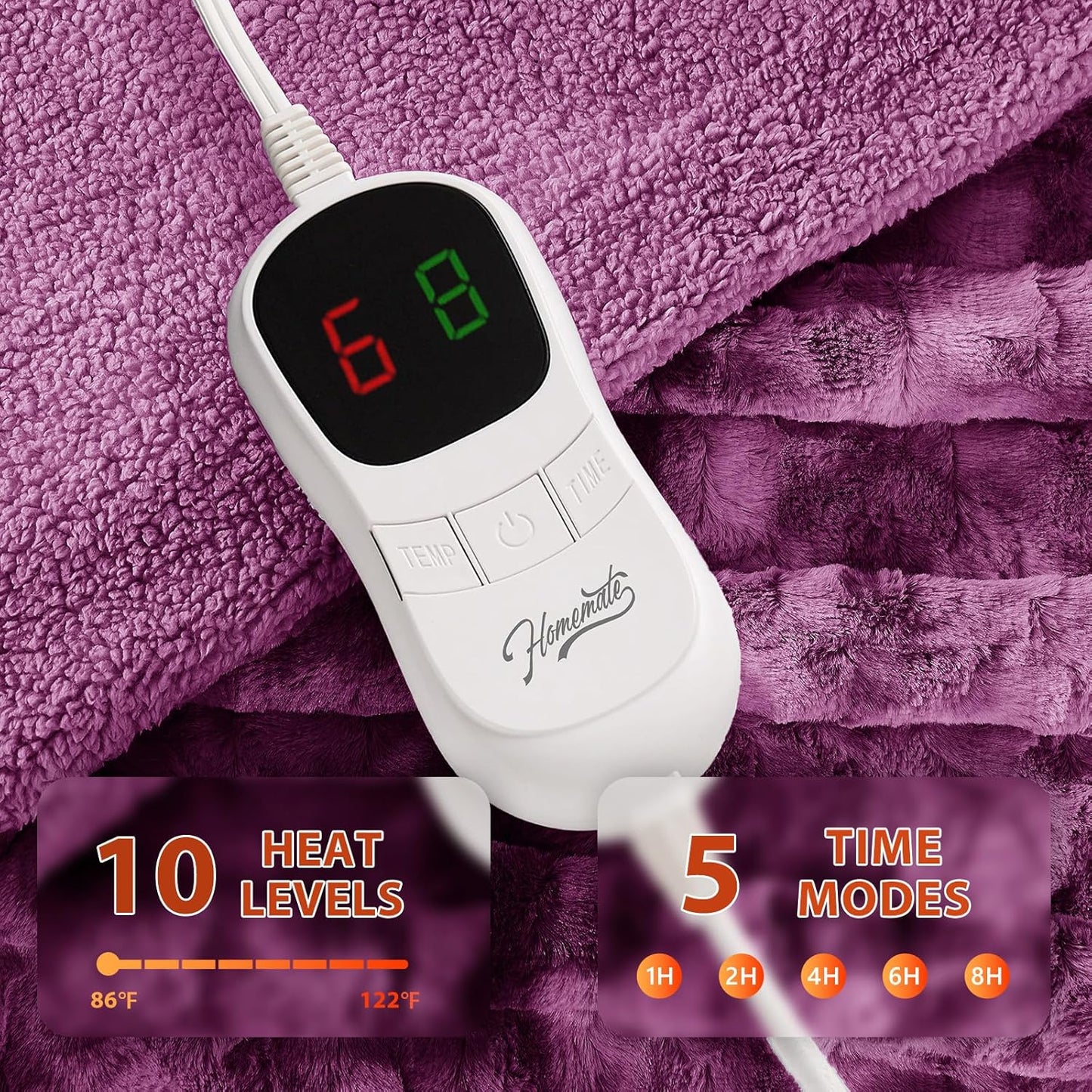 Homemate Electric Heated Blanket Twin Size - 62"x84" Heating Blanket Twin Size 1/2/4/6/8 Hours Auto-Off 10 Heat Level Over-Heat Protection Luxury Faux Fur Sherpa ETL Certification