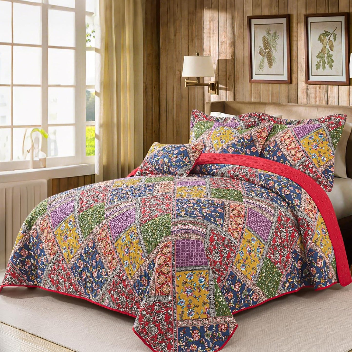 BEDIFANY Cotton King Quilt Set - Vintage Farmhouse Bedspread with Vibrant Floral Pattern, 3-Piece Lightweight Coverlet (98x106 Inch) + 2 Pillow Shams, All Seasons Multicolor Quilt Bedding Set