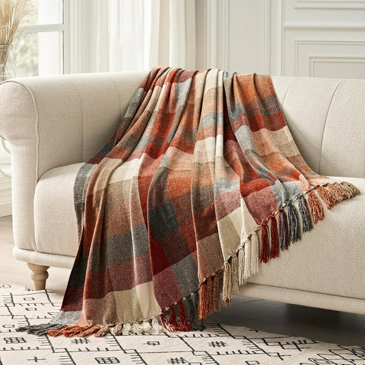 EVERGRACE Plaid Chenille Throw Blanket for Couch, Super Soft Cozy Decorative Fall Throw Blanket with Tassels for Bed Sofa Gift, Lightweight Harvest Plaid Throw Blanket for Autumn 60"x80"