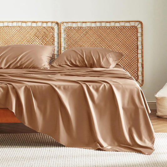 Bedsure California King Sheet Sets, Cooling Sheets for Hot Sleepers, Rayon Derived from Bamboo, Breathable & Soft, Deep Pocket Up to 16", Hotel Luxury Silky Bedding for Hot Sleepers, Khaki