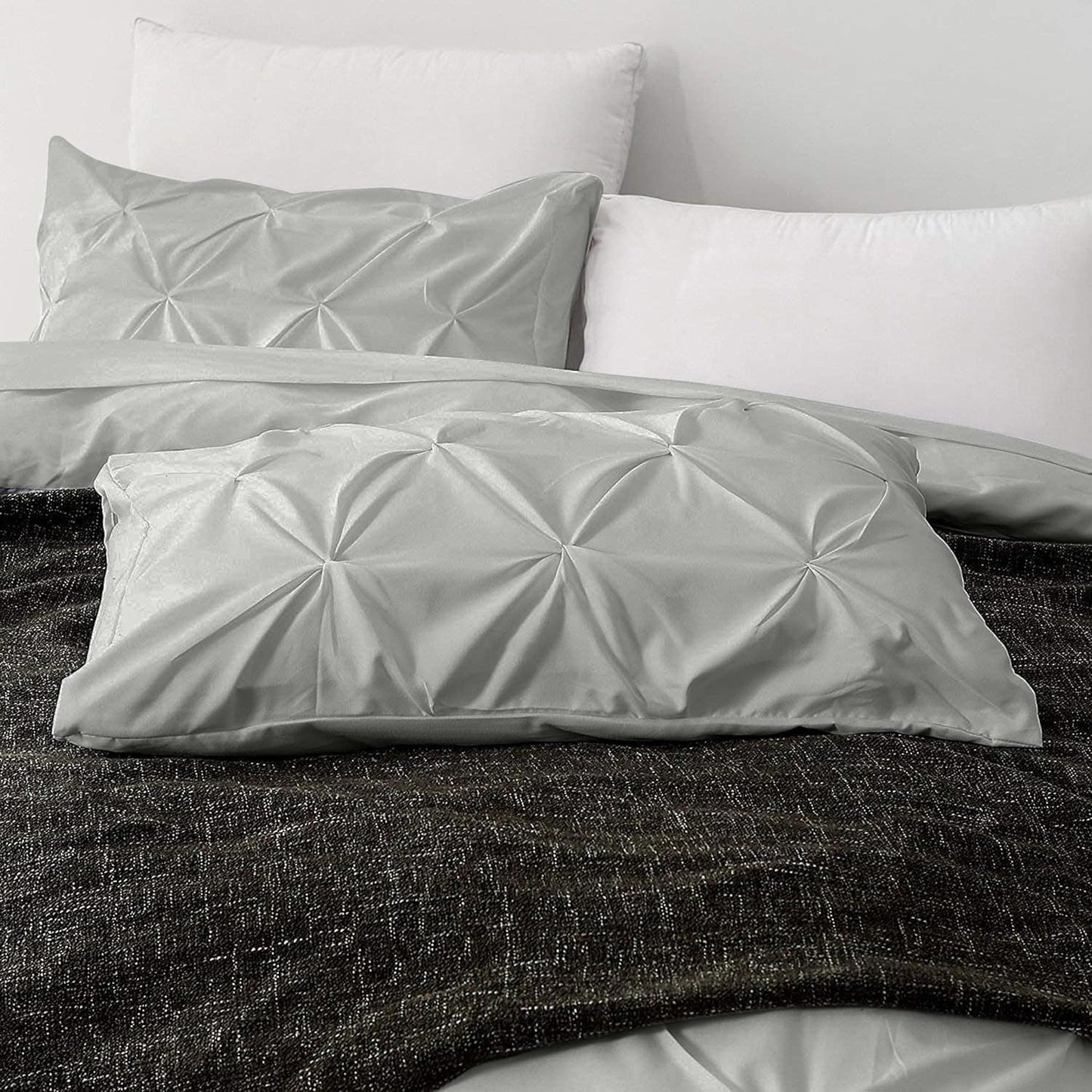 Pinch Pleated Duvet Cover Set 100% Cotton 3PC Oversize Plus Size 128x120 Duvet Cover Set, Decorative Pinch Design Silver Grey Duvet Cover with Matching Pillow Case