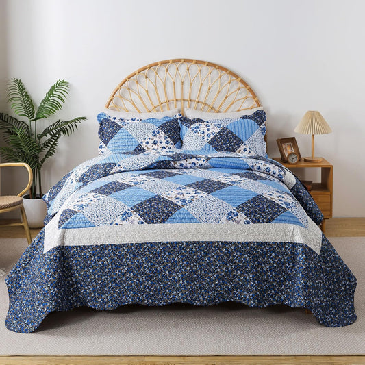 HoneiLife Quilt Set King Size - 3 Piece Microfiber Quilts Reversible Bedspreads Patchwork Coverlets Floral Bedding Set All Season Quilts with Blue and White Porcelain Pattern