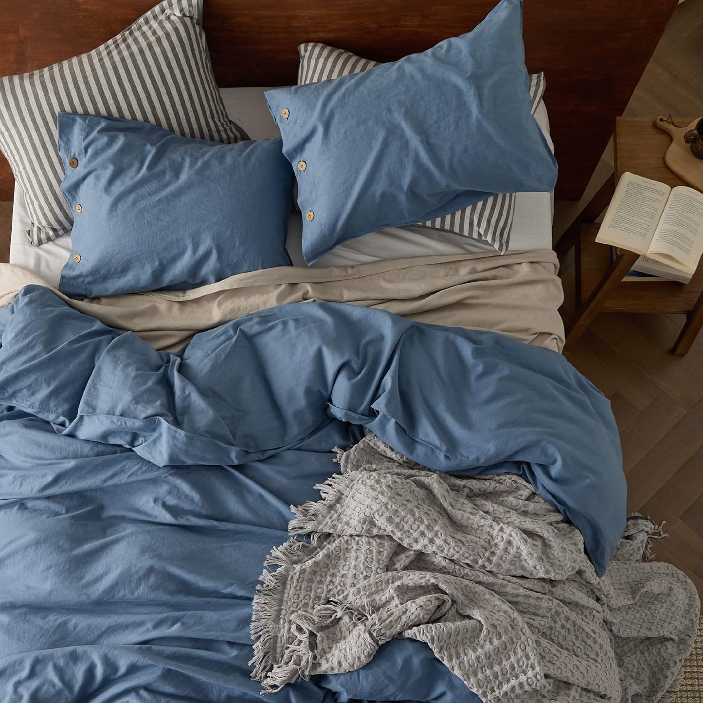 Bedsure Linen Duvet Cover King Size - Linen Cotton Blend Bedding Set, Soft & Cozy, 3 Pieces, 1 Duvet Cover 104x90 and 2 Pillowcases, Foggy Blue Color Cooling Bedding, Comforter Sold Separately