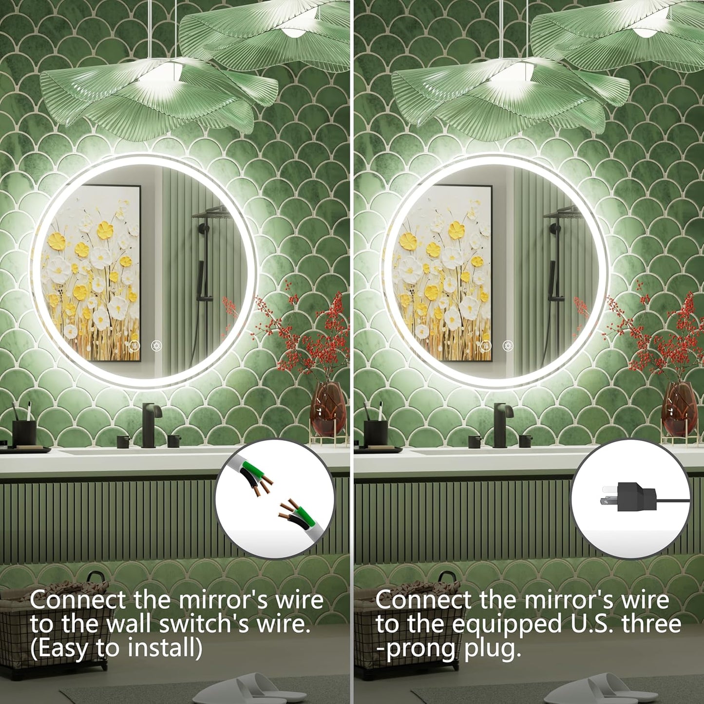 20 Inch Round LED Bathroom Mirror,Front & Backlit Lighted Bathroom Vanity Mirror, 6000K, CRI 90+, Dimmable, Touch, Anti-Fog