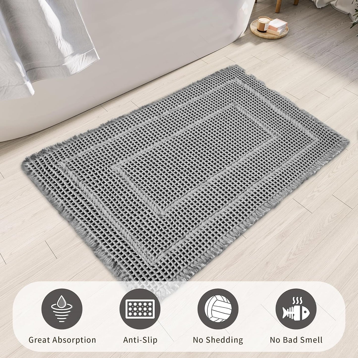 Bath Matts,Upgraded Waffle Super Absorbent Bath Mat,Bathroom Rugs Non Slip Washable, Quick Dry Shower Mats, Ultra Soft Bath Mats for Bath Floor,Grey,24"*36"
