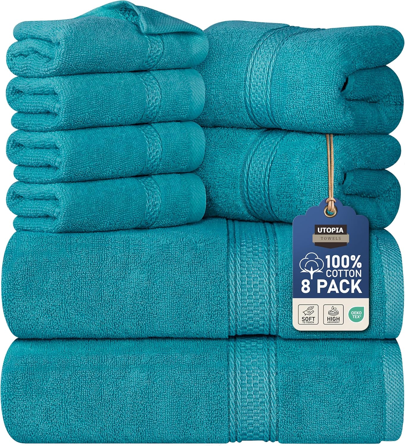 Utopia Towels 8 Piece Premium Towel Set, 2 Bath, 2 Hand, and 4 Wash Cloths, 600 GSM 100% Ring Spun Cotton, Highly Absorbent Towels for Bathroom, Gym, Hotel, and Spa, Teal