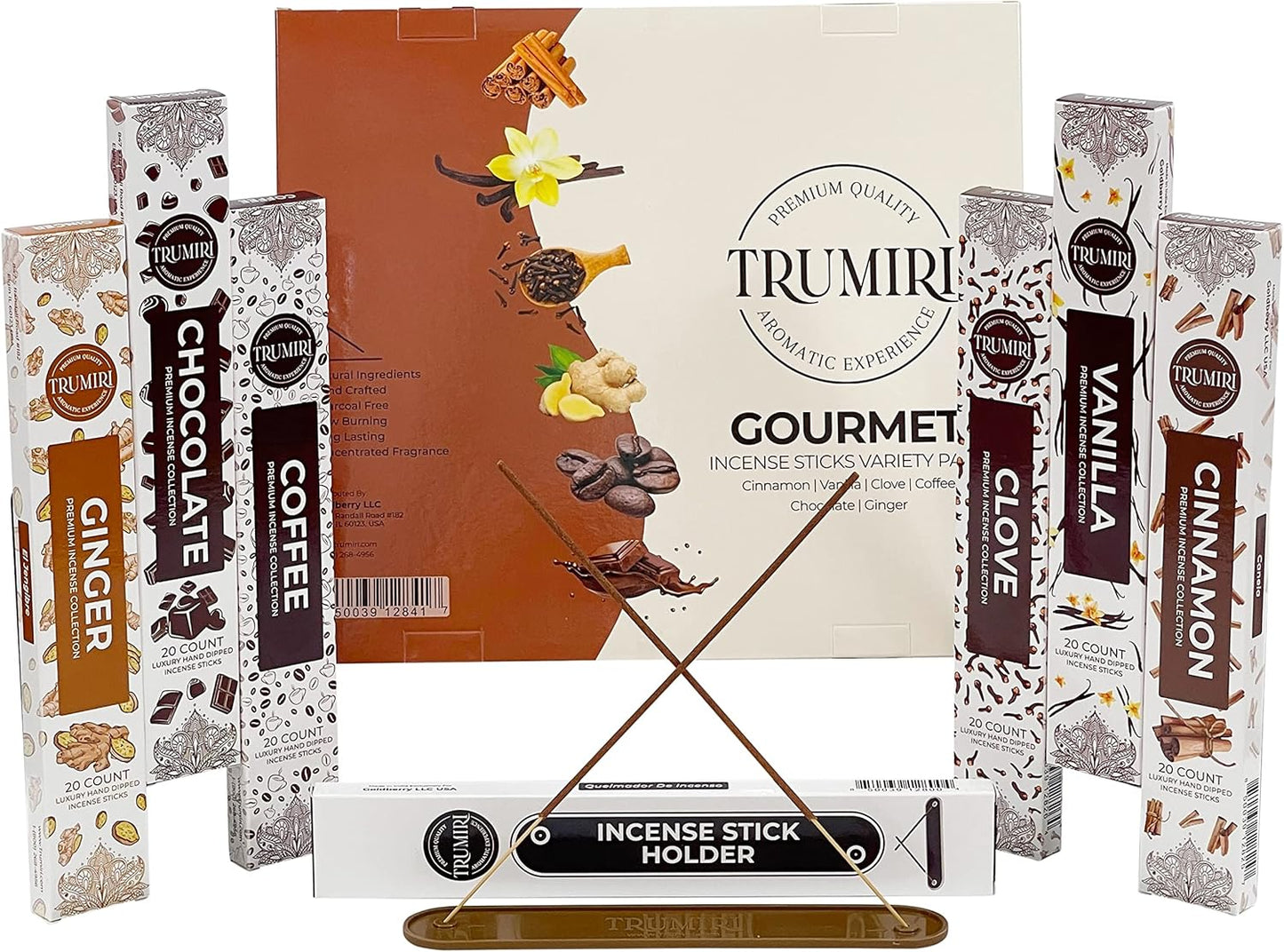 Gourmet Incense Sticks Variety Pack - 120 Insence-Sticks (6 Incents x 20 Insense) - Cinnamon Vanilla Coffee Chocolate - Natural Inscents-Sticks Non Toxic Inciensos + Incense Holder for Fall Christmas