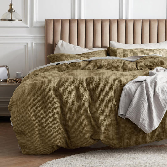 Bedsure Cotton Duvet Cover Queen Size - 100% Cotton Waffle Weave Fennel Seed Duvet Cover Queen Size, GentleSoft™ and Breathable Bedding Set for All Season, 3 Pieces, 90"x90"