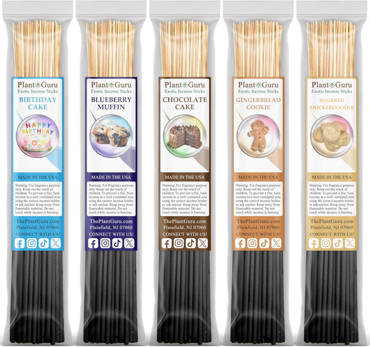 Bakery Incense Sticks Variety Set Bulk 500 Pack Sampler 11" Sticks - 5 Bundles of 100 Sticks Per Bundle. Birthday Cake, Blueberry Muffin, Chocolate Cake, Gingerbread Cookie and Sugared Snickerdoodle.