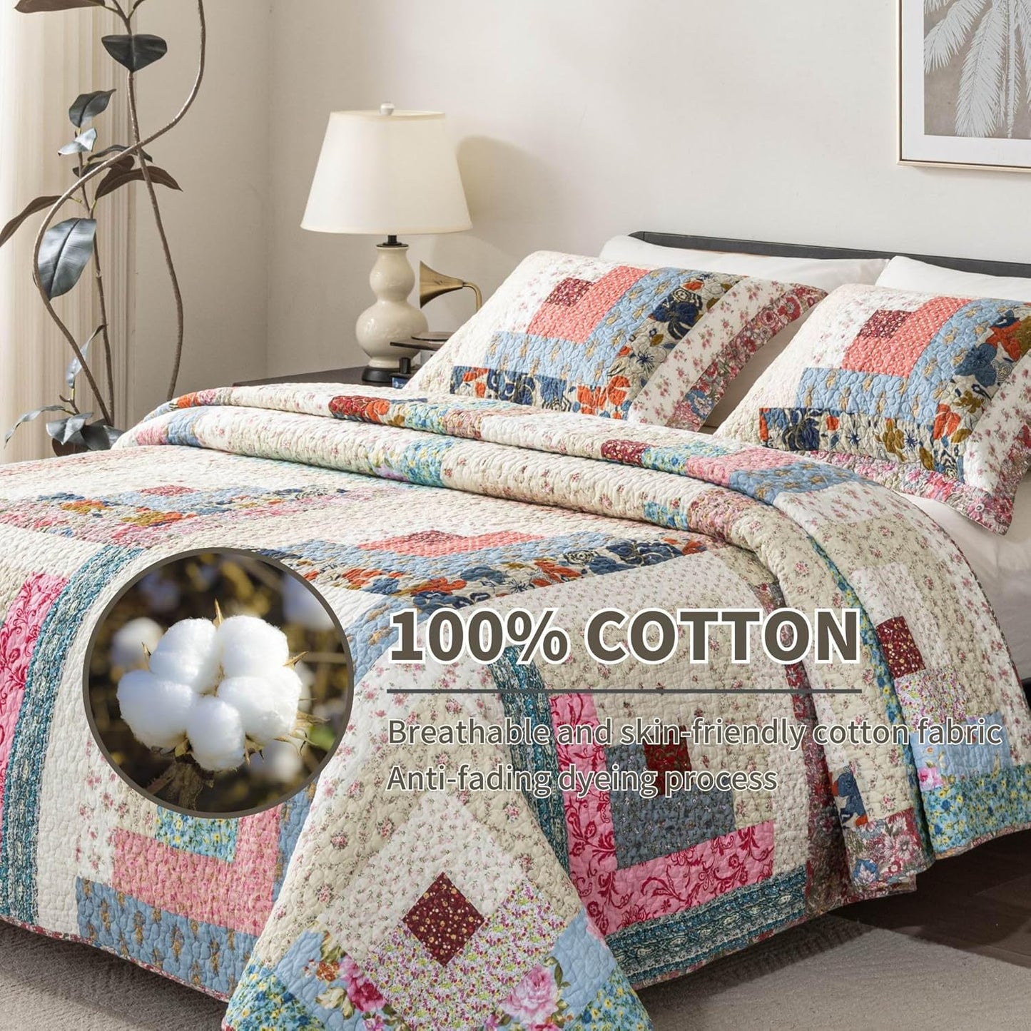 meadow park Cotton Real Patchwork Quilt Set 3-Piece. 100% Washed Cotton. 208 Hand Cut Patches. Allover Quilting. Reversible Coverlet Set. (King)