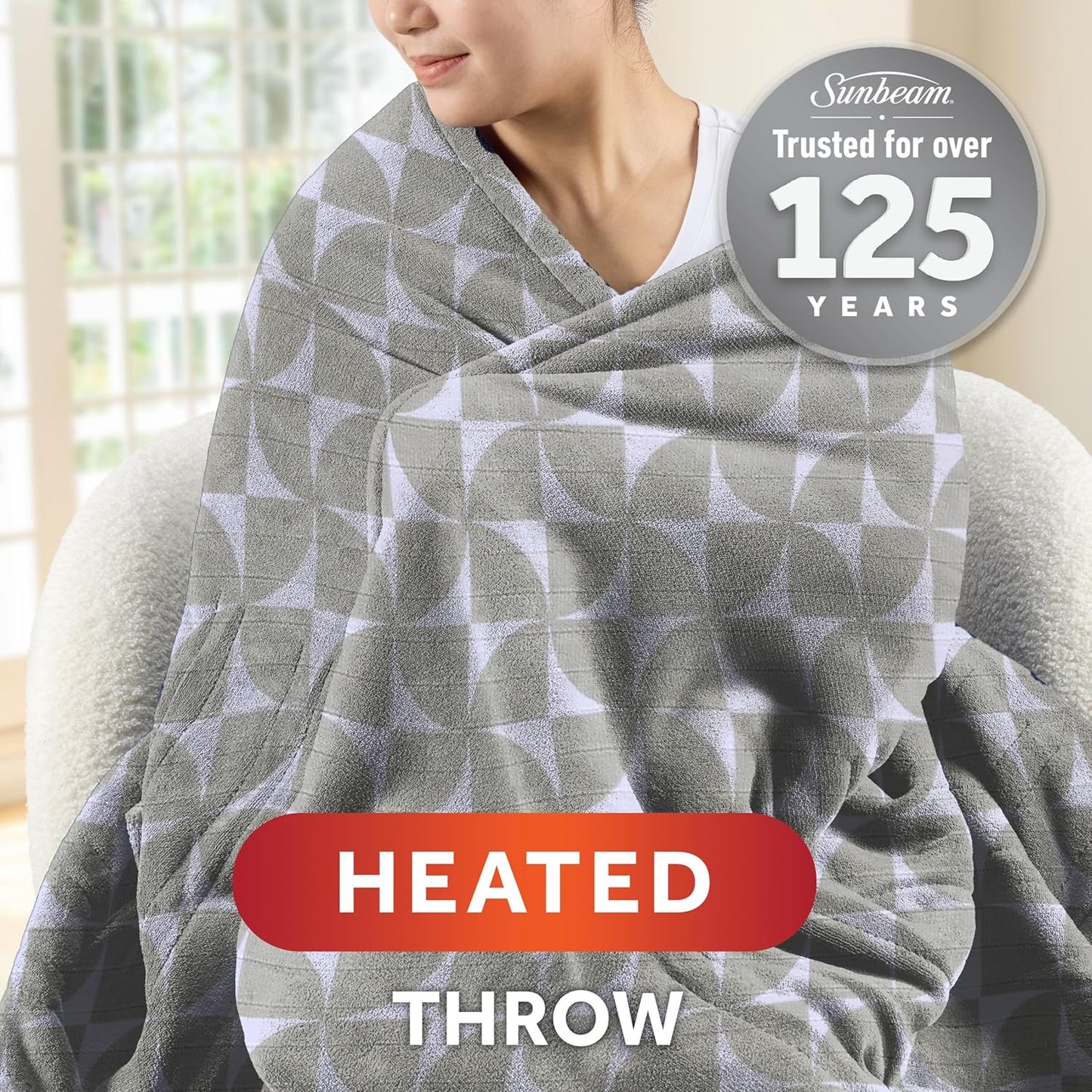 Sunbeam Royal Luxe Microplush Heated Throw Electric Blanket, 50" x 60", 4-Hour Auto Shut-Off,Fast Heating, Machine Washable, Warm and Cozy, Grey Geometric