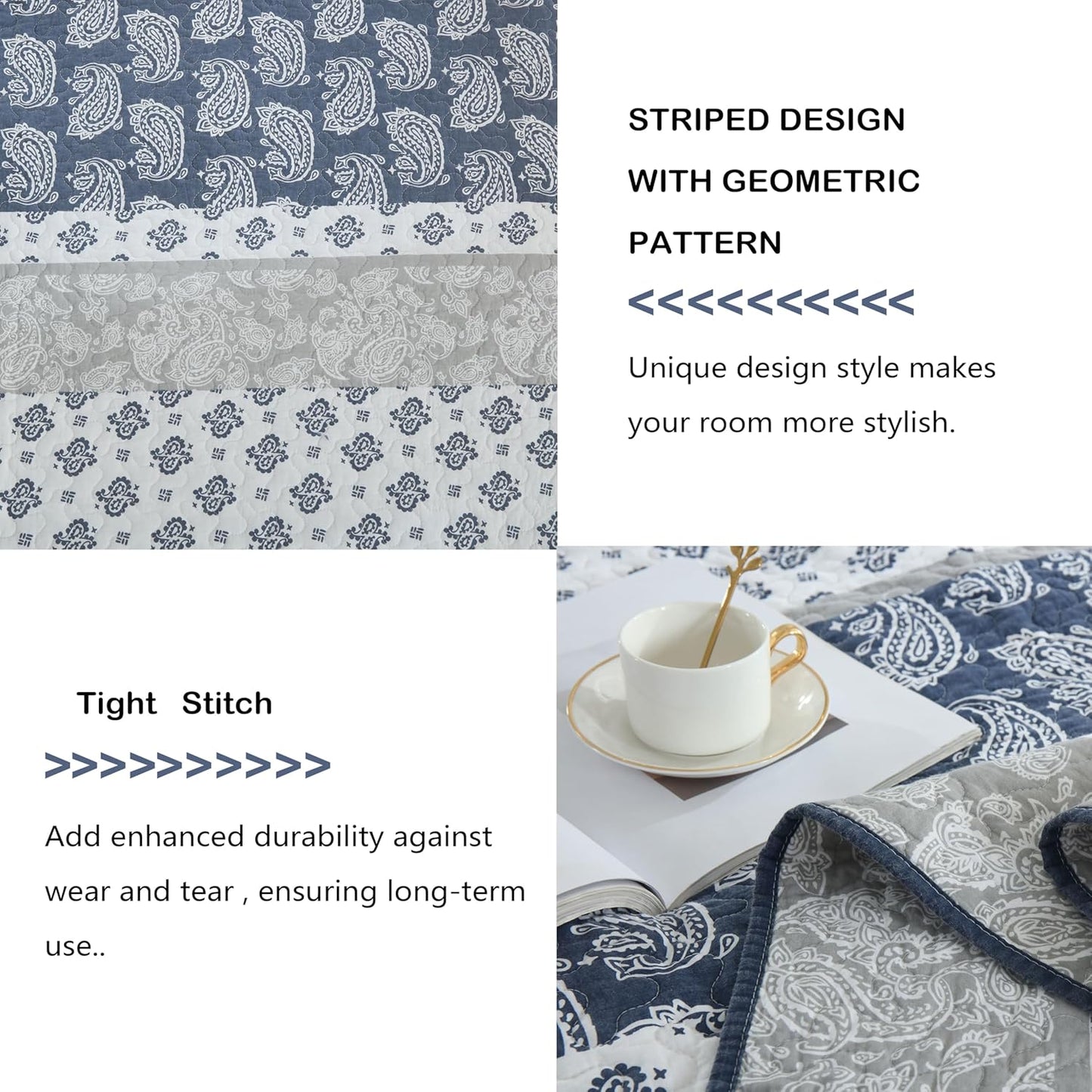 Quilt Bedding Set Queen Size, Cotton Comforters Set Queen Size,Navy Blue Grey Quilts Bedspread for The Bed, Farmhouse Lightweight Bedding (90 * 98 Inch) and 2 Pillow Shams All Season