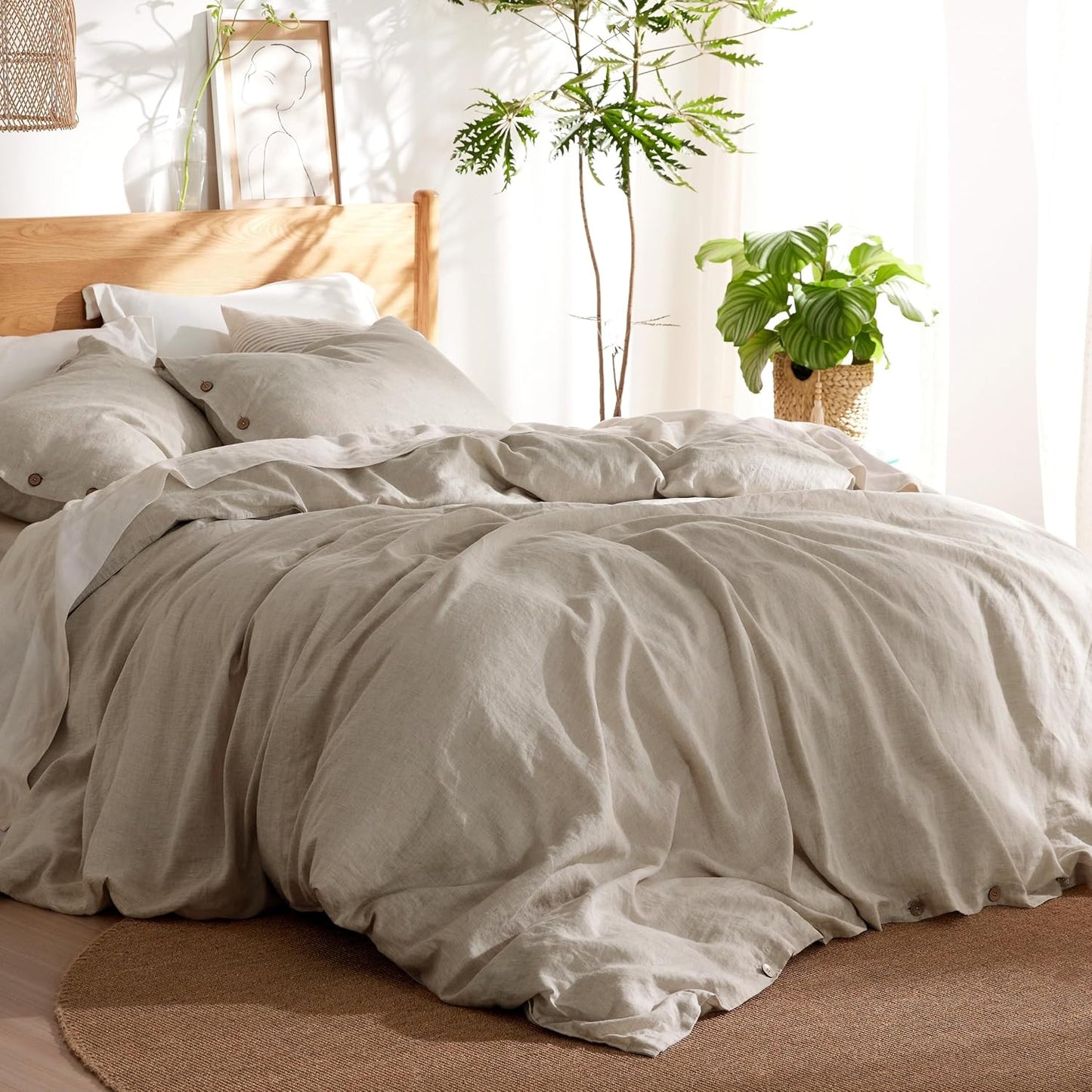 Bedsure Linen Duvet Cover Queen Size - Linen Cotton Blend Bedding Set, Soft & Cozy, 3 Pieces, 1 Duvet Cover 90x90 Inches and 2 Pillowcases, Natural Color Cooling Bedding, Comforter Sold Separately