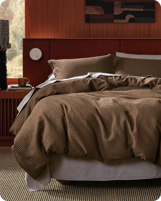 Bedsure Cotton Duvet Cover King - 100% Cotton Waffle Weave Brown Duvet Cover King Size, GentleSoft™ and Breathable Bedding Set for All Season, 3 Pieces, 104"x90"
