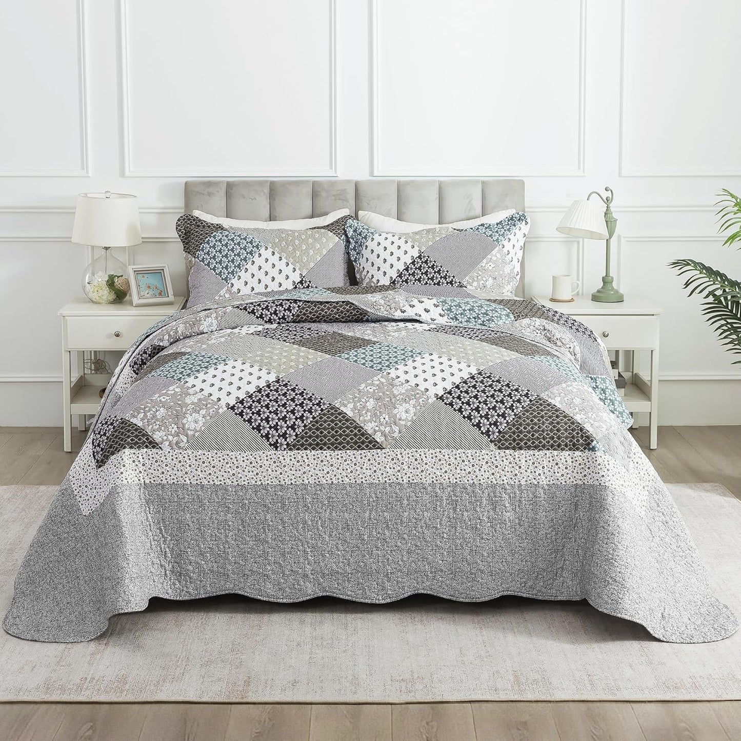 HoneiLife King Size Quilt Set - 3 Piece Microfiber Quilts Reversible Bedspreads Patchwork Coverlets Rustic Bedding Set for King Bed