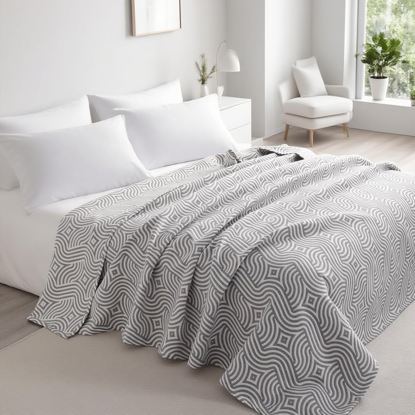 NTBAY 3 Layers Cotton Muslin 88x92 Queen Bed Blanket, Super Soft Breathable Thermal Yarn Dyed Quilt for Adults, Perfect Lightweight Blanket for Couch Sofa Bed All Seasons, Grey Geometric Ripples