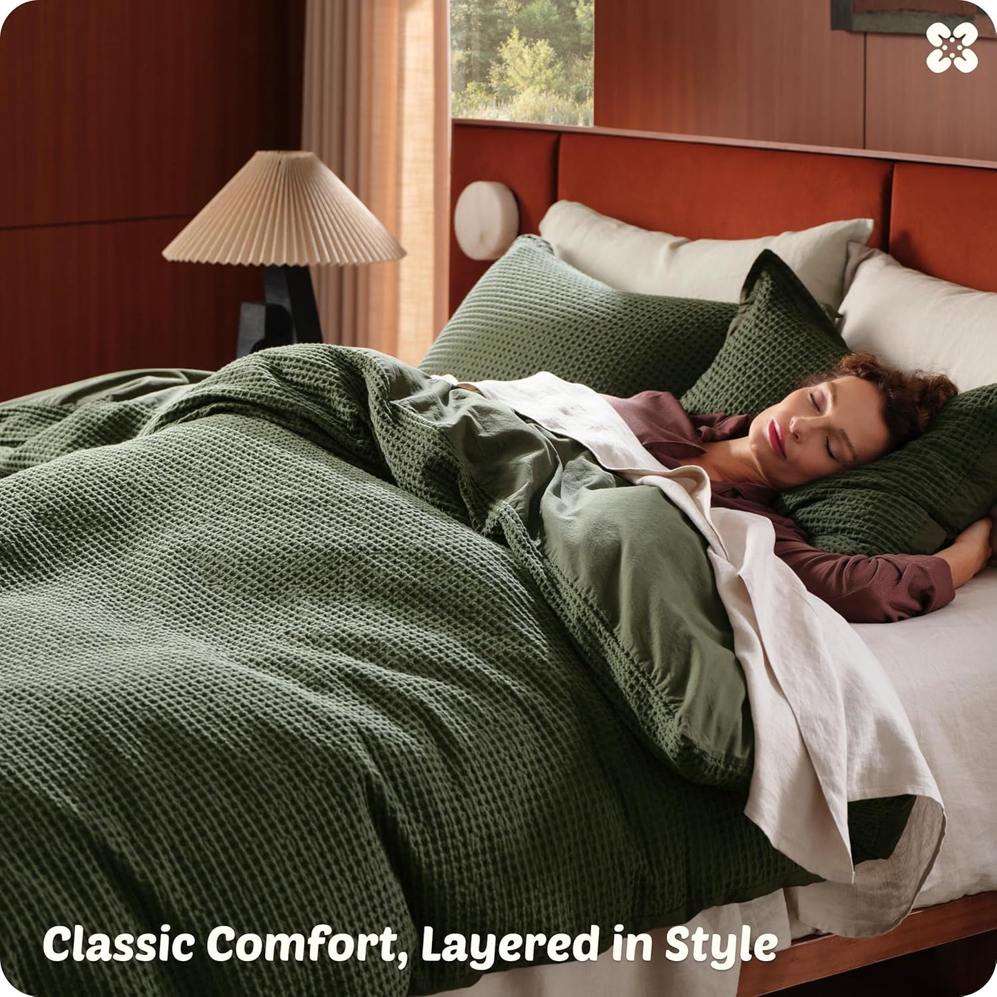 Bedsure Cotton Duvet Cover Queen - 100% Cotton Waffle Weave Olive Green Duvet Cover Queen Size, GentleSoft™ and Breathable Bedding Set for All Season, 3 Pieces, 90"x90"